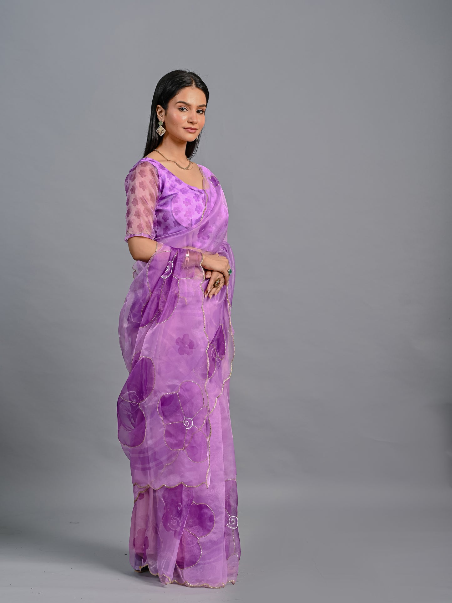 Sheer Poly Organza Saree with Hand-Painted Roses