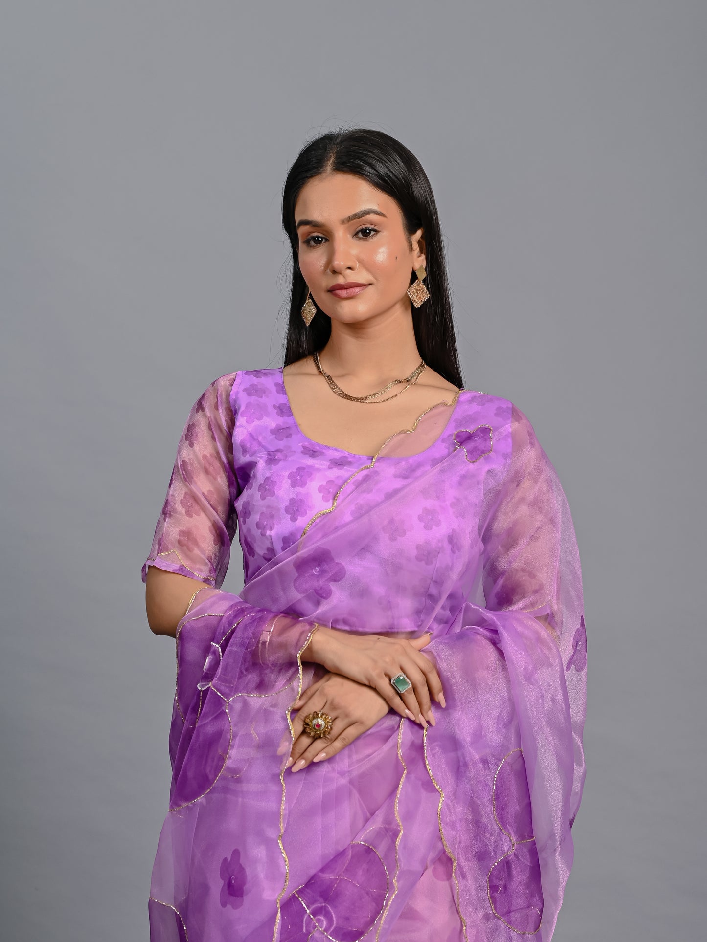 Sheer Poly Organza Saree with Hand-Painted Roses