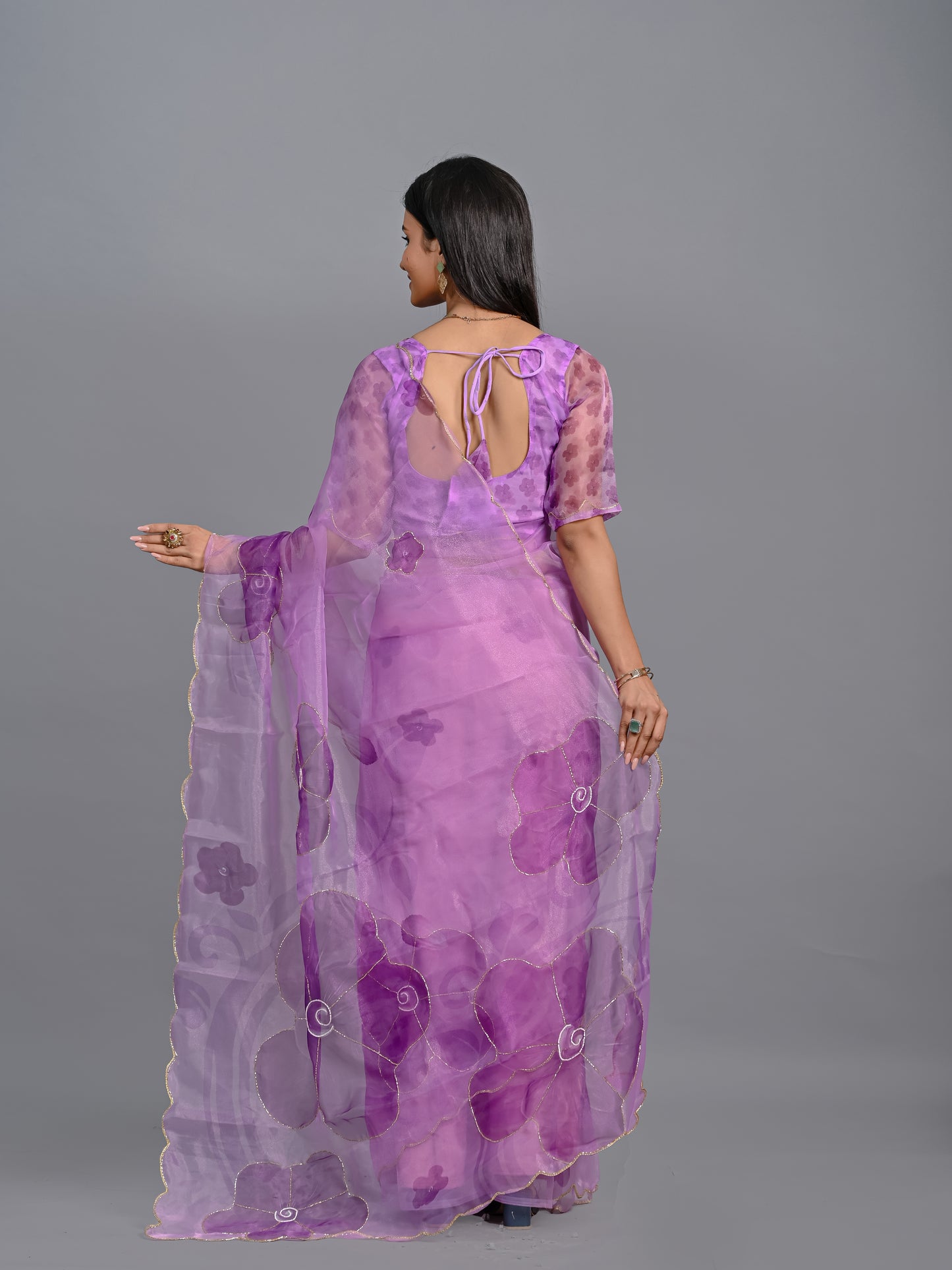 Sheer Poly Organza Saree with Hand-Painted Roses