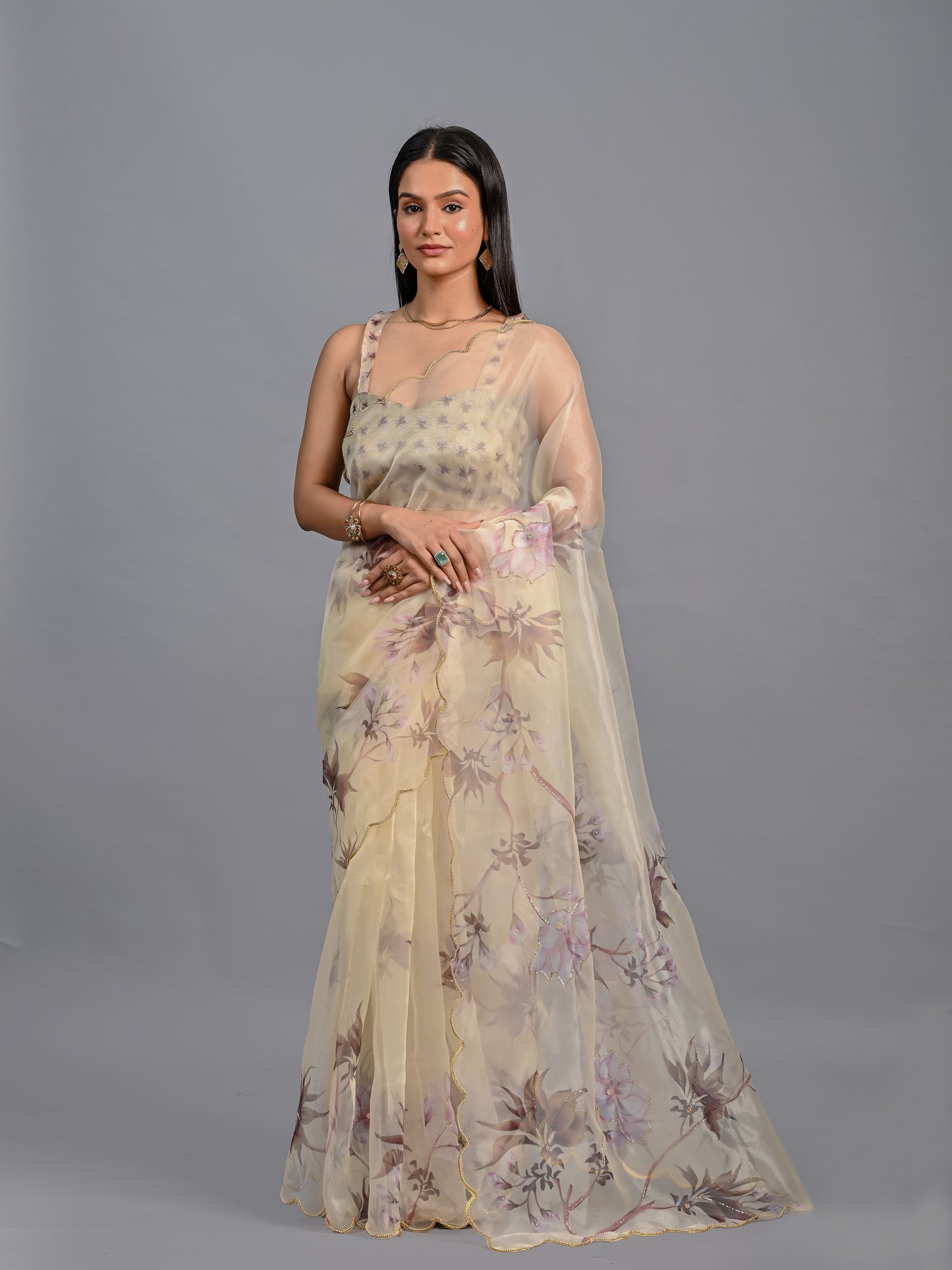 Floral Poly Organza Saree with Bead Work