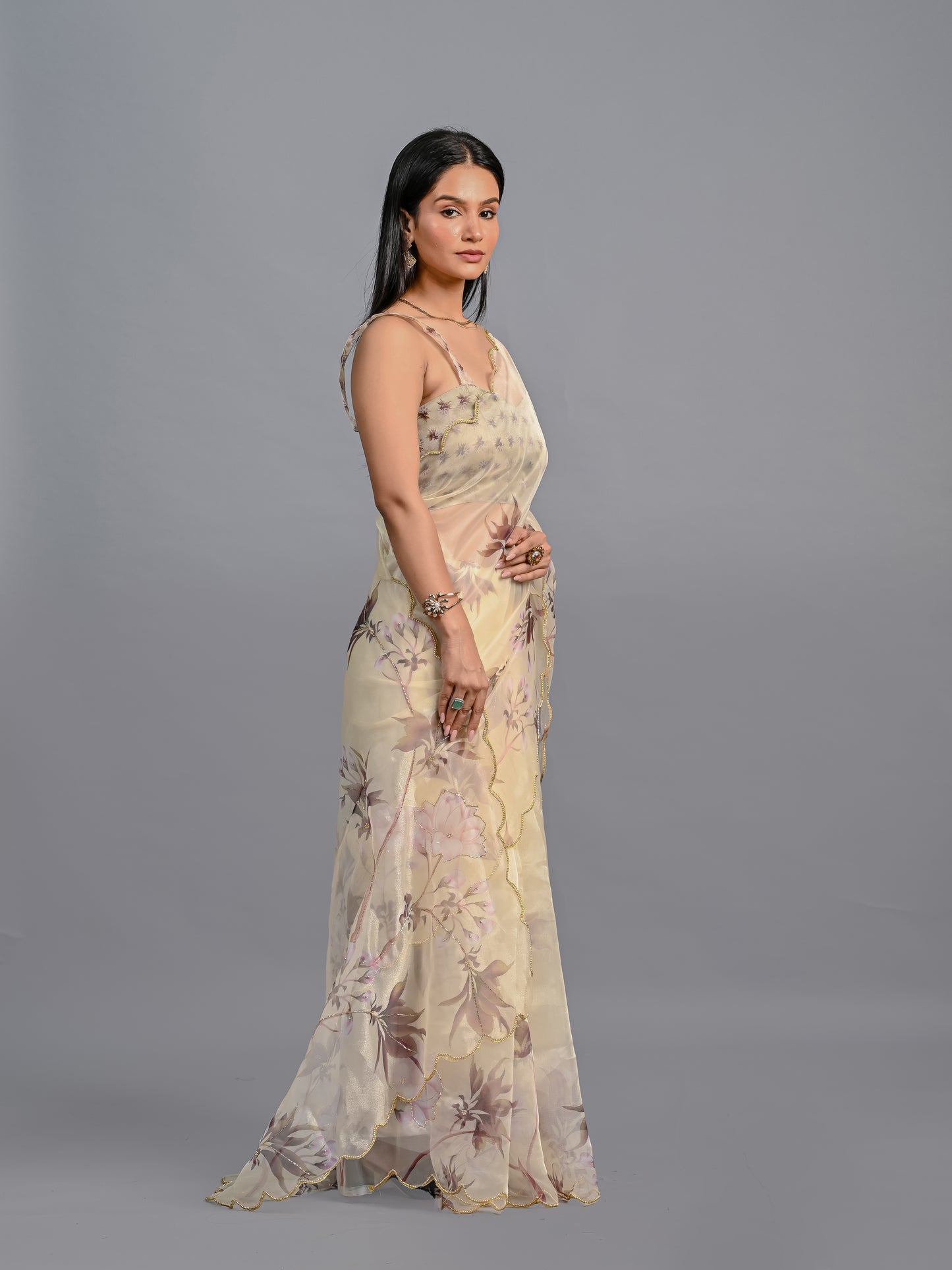 Floral Poly Organza Saree with Bead Work