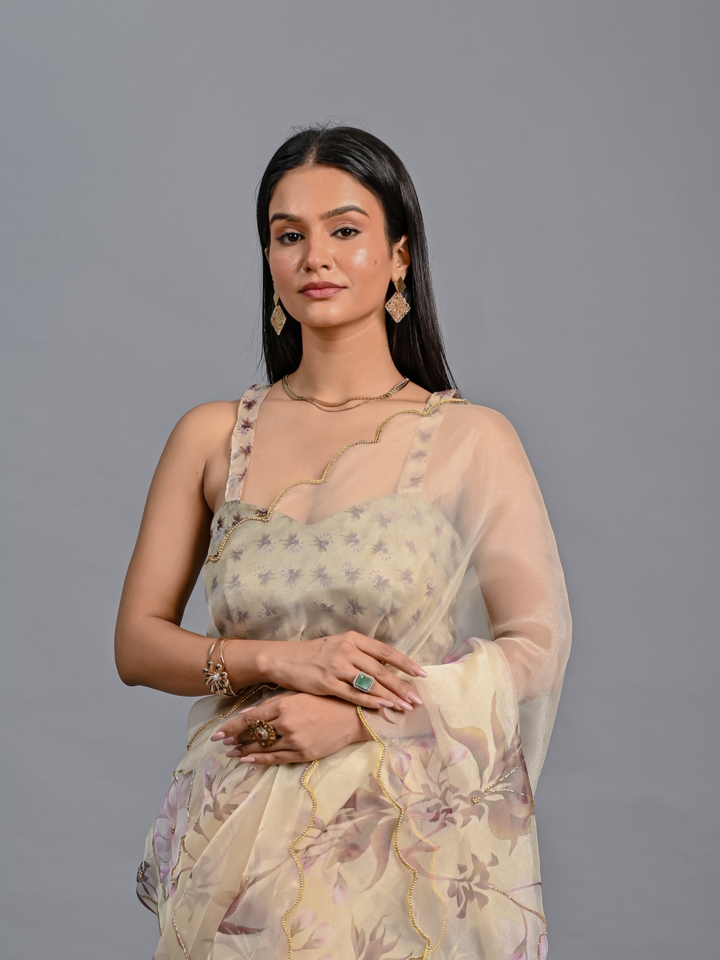Floral Poly Organza Saree with Bead Work