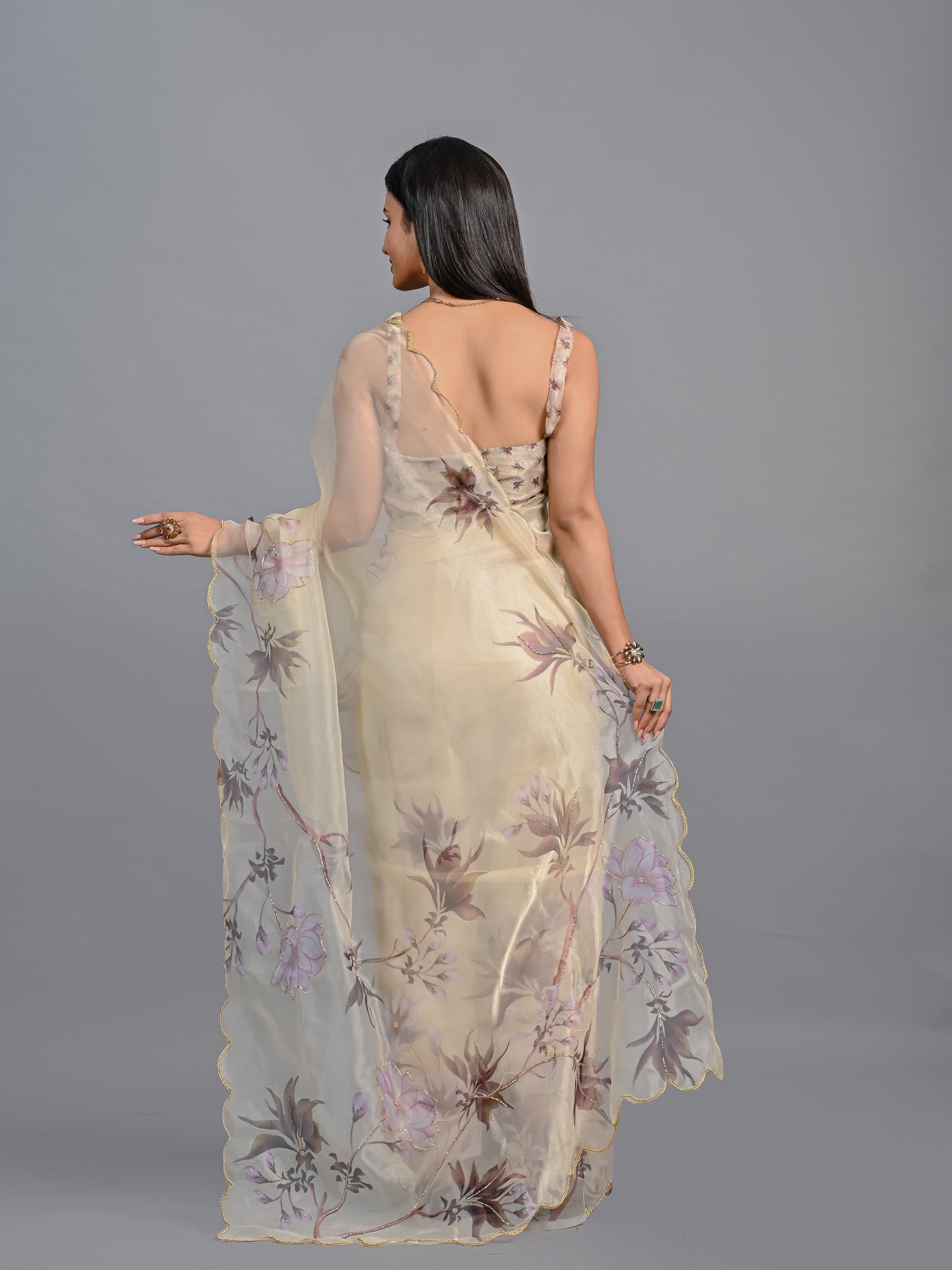 Floral Poly Organza Saree with Bead Work