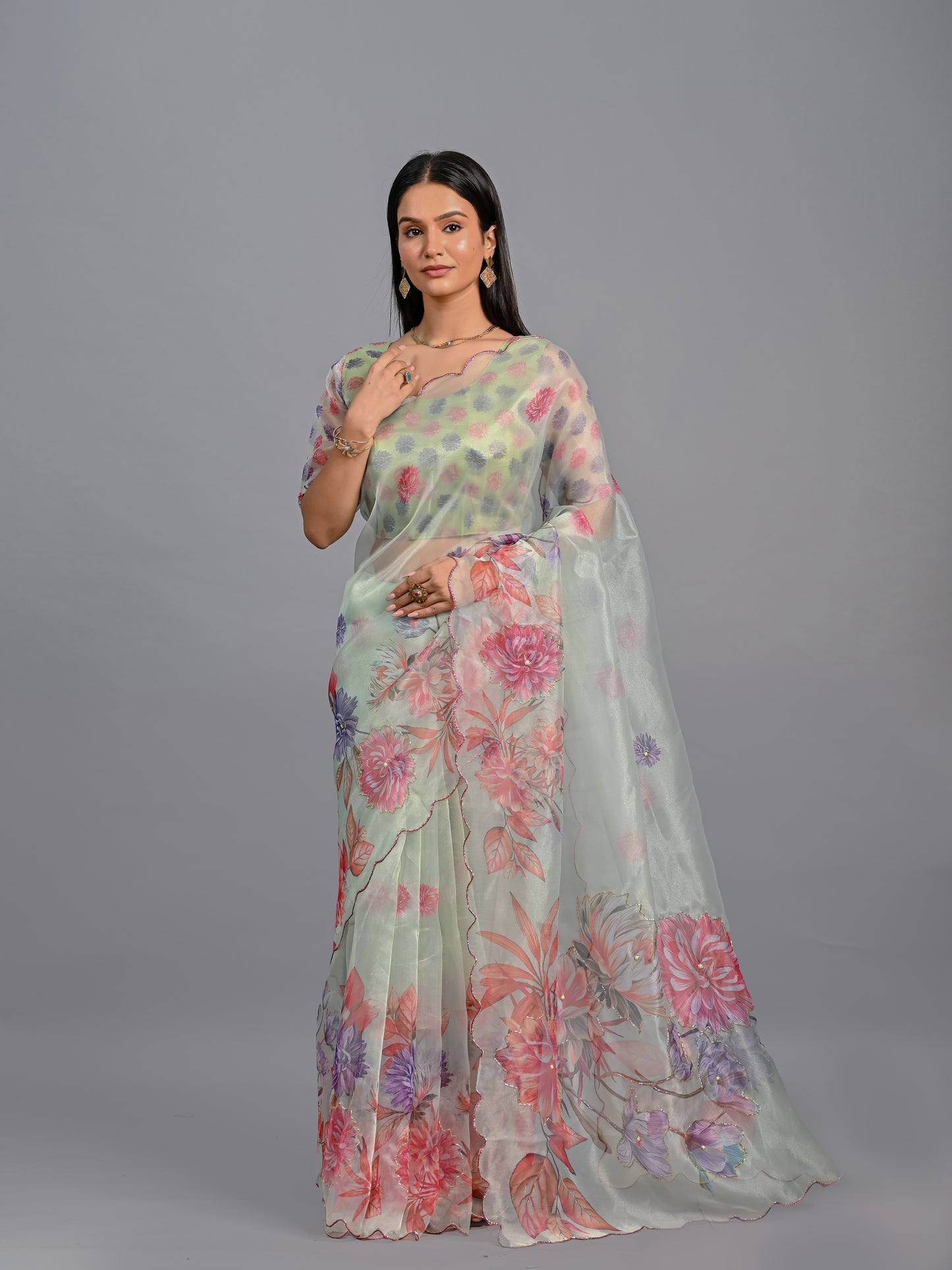 Pastel Garden Floral Poli Organza Saree Set