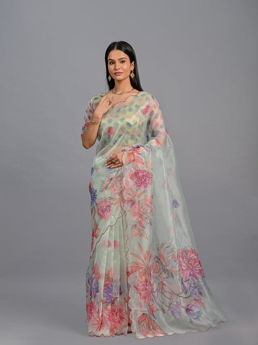Pastel Garden Floral Poli Organza Saree Set