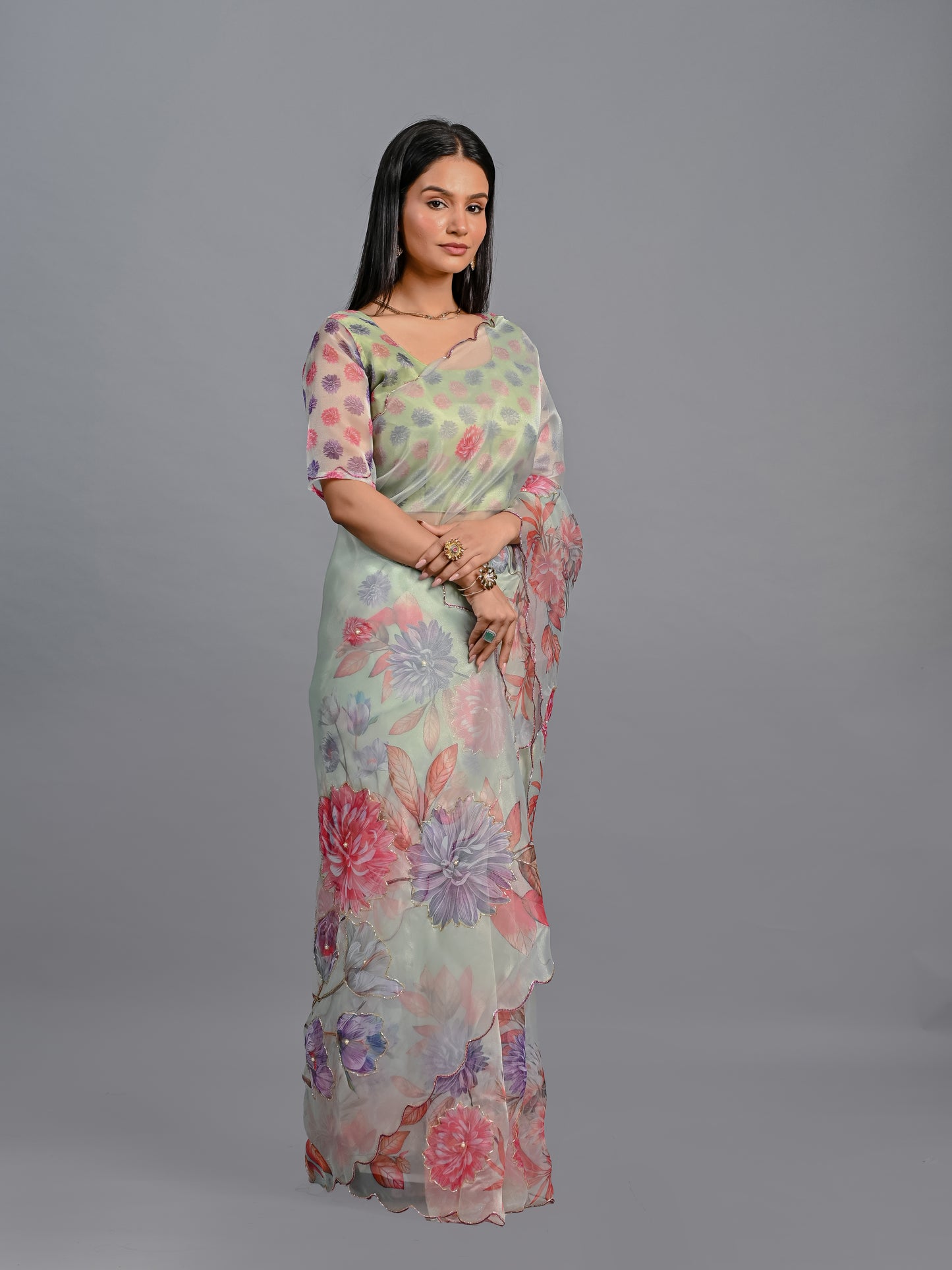 Pastel Garden Floral Poli Organza Saree Set
