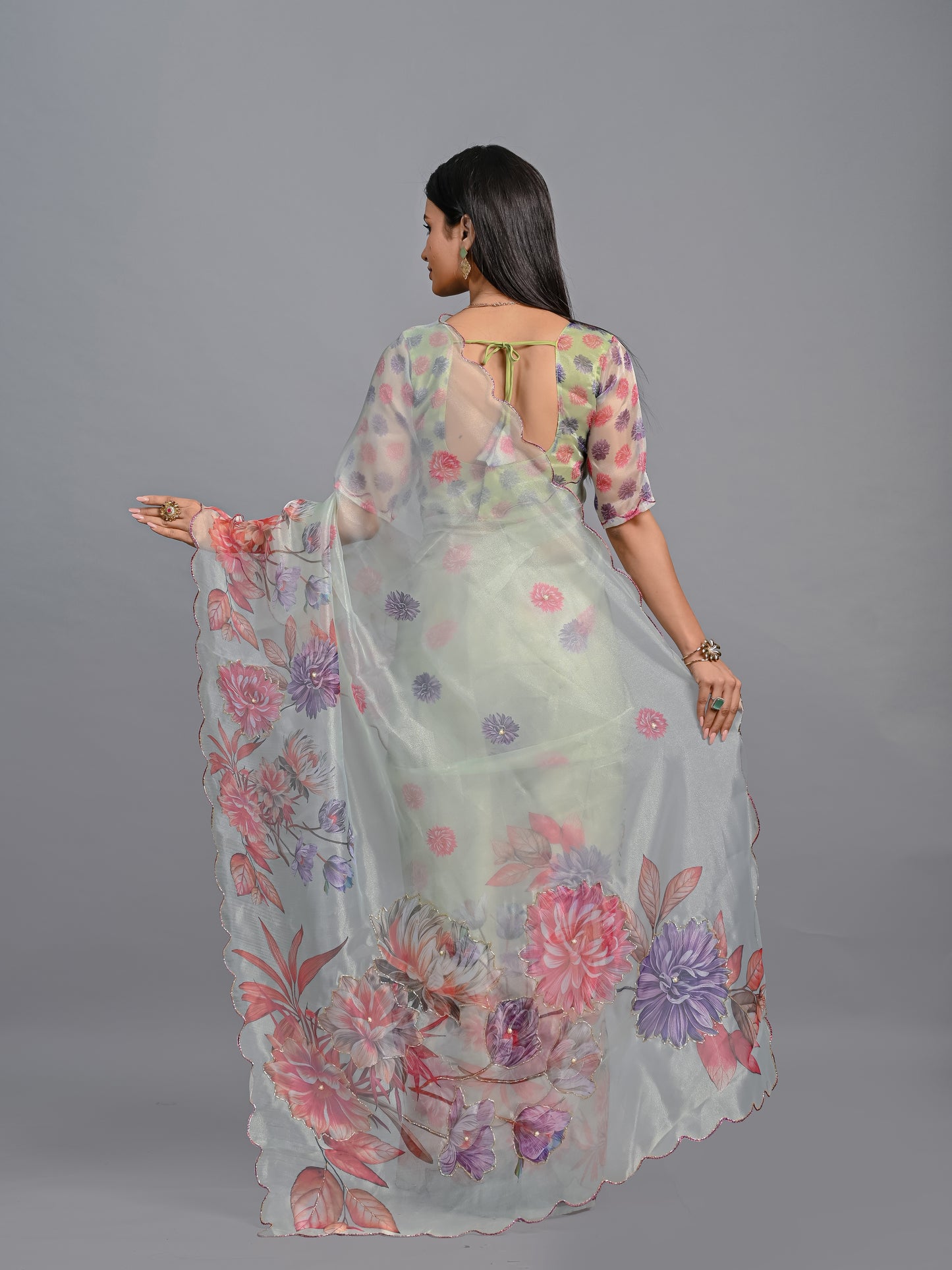 Pastel Garden Floral Poli Organza Saree Set