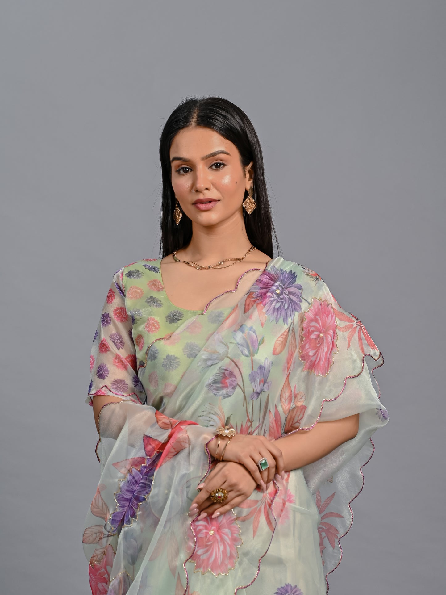 Pastel Garden Floral Poli Organza Saree Set