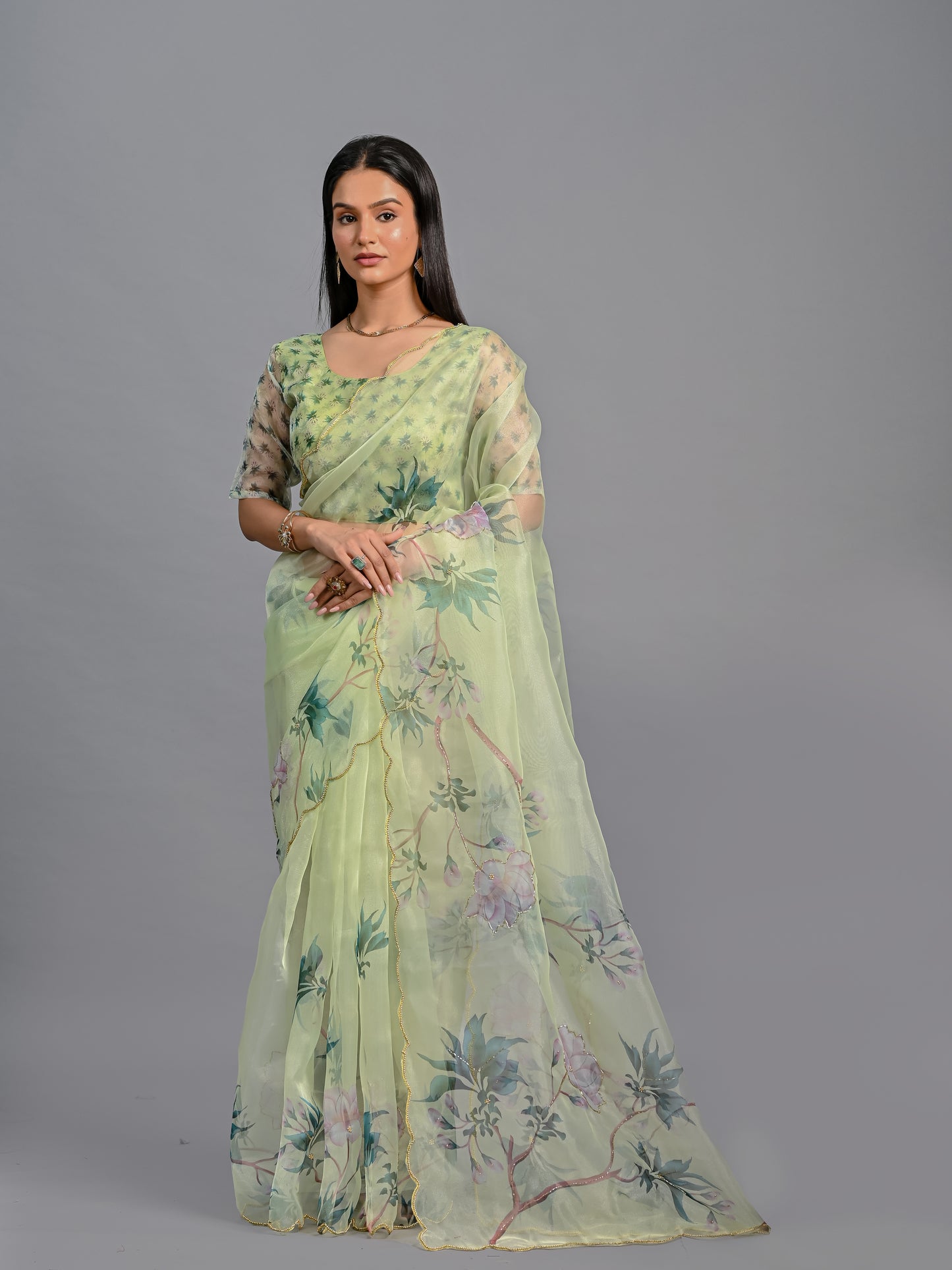 Floral Poly Organza Saree with Bead Work