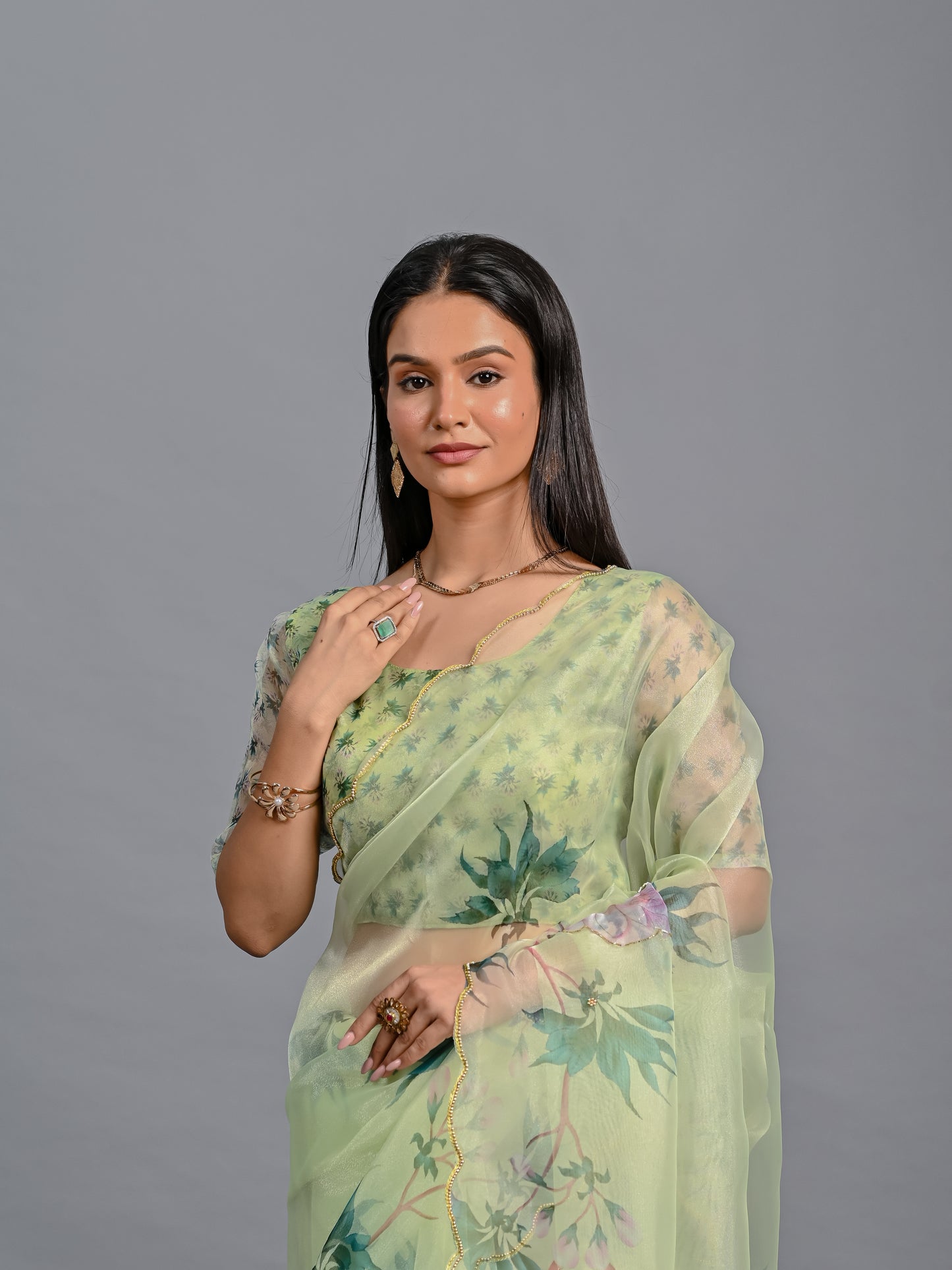 Floral Poly Organza Saree with Bead Work