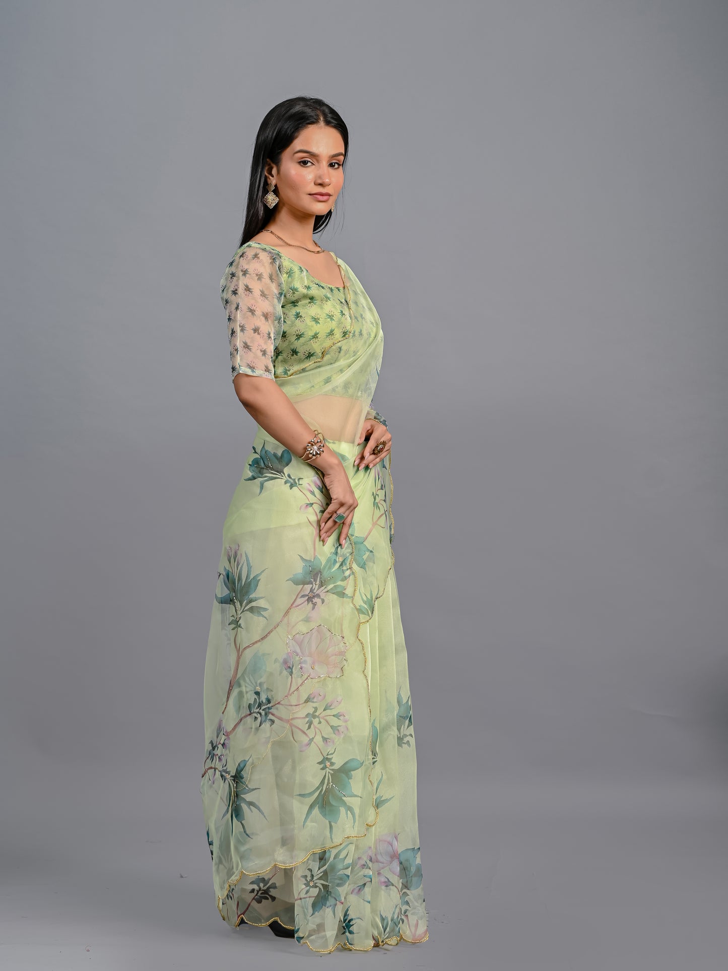 Floral Poly Organza Saree with Bead Work
