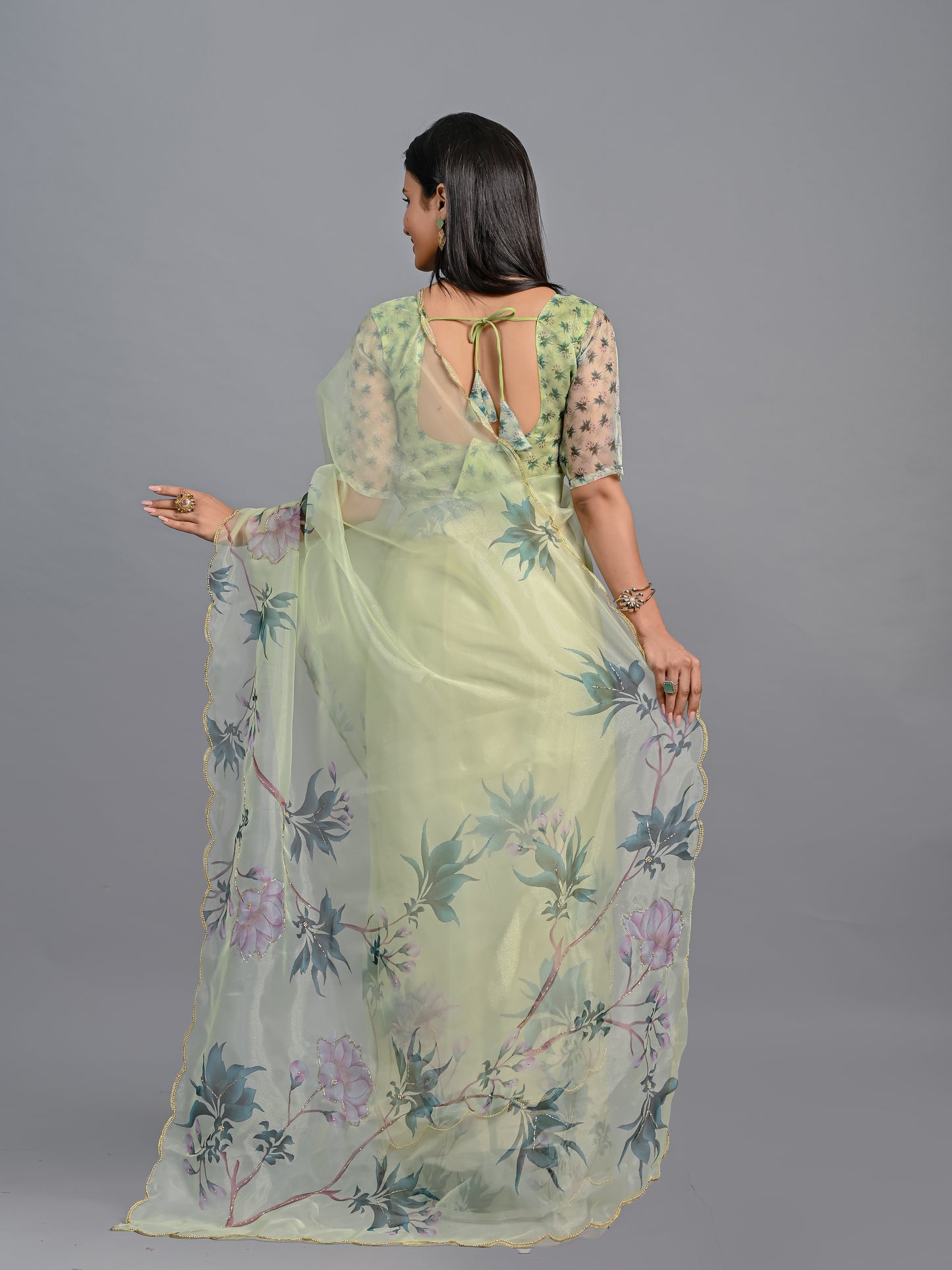 Floral Poly Organza Saree with Bead Work