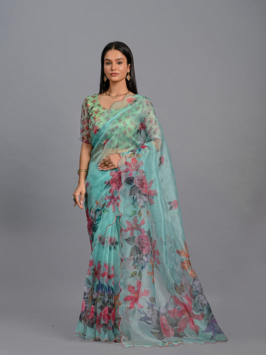 Mint Blossom Printed Poli Organza Saree Set