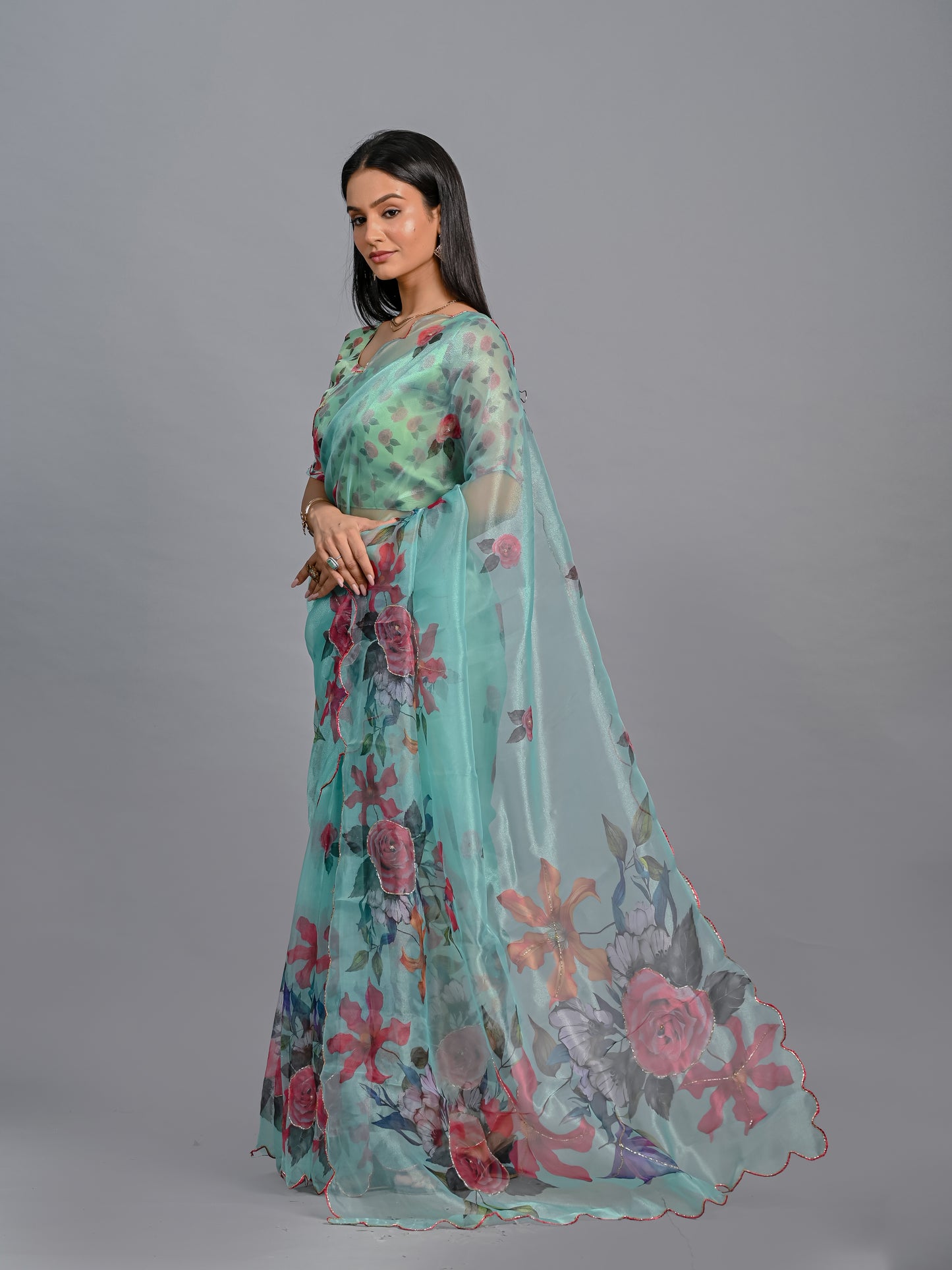 Mint Blossom Printed Poli Organza Saree Set
