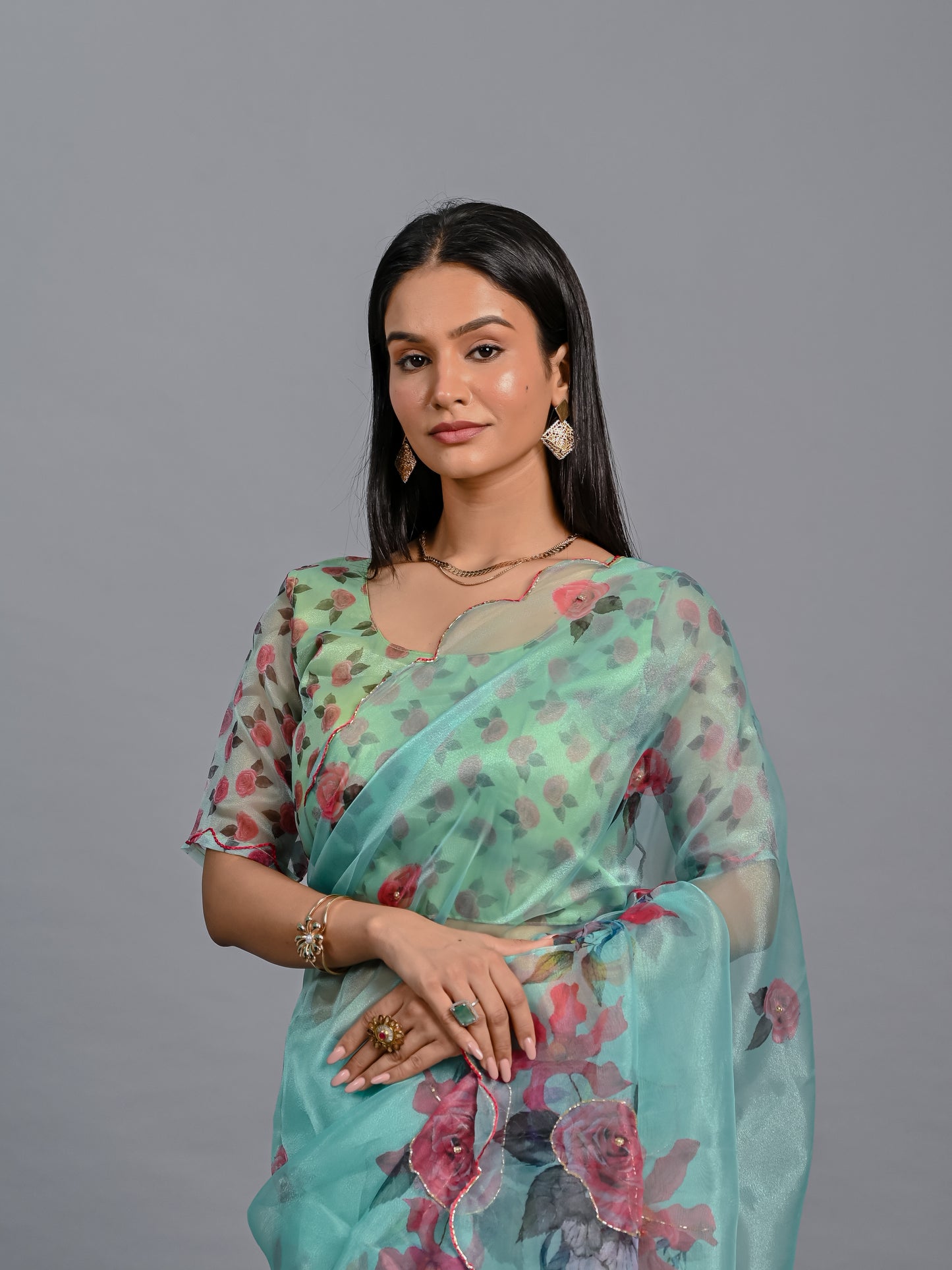 Mint Blossom Printed Poli Organza Saree Set