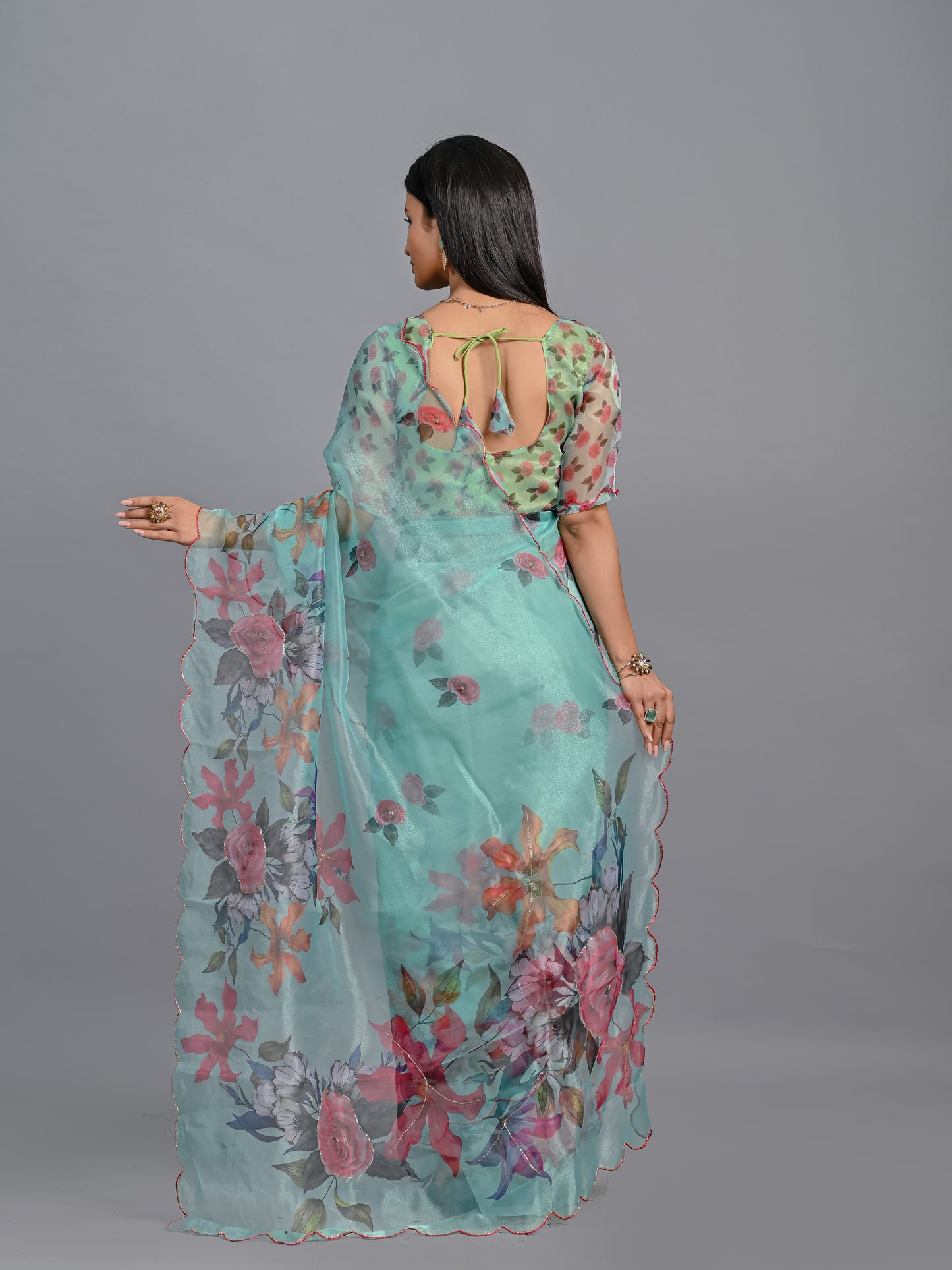 Mint Blossom Printed Poli Organza Saree Set
