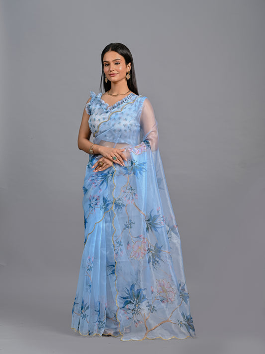 Floral Poly Organza Saree with Bead Work