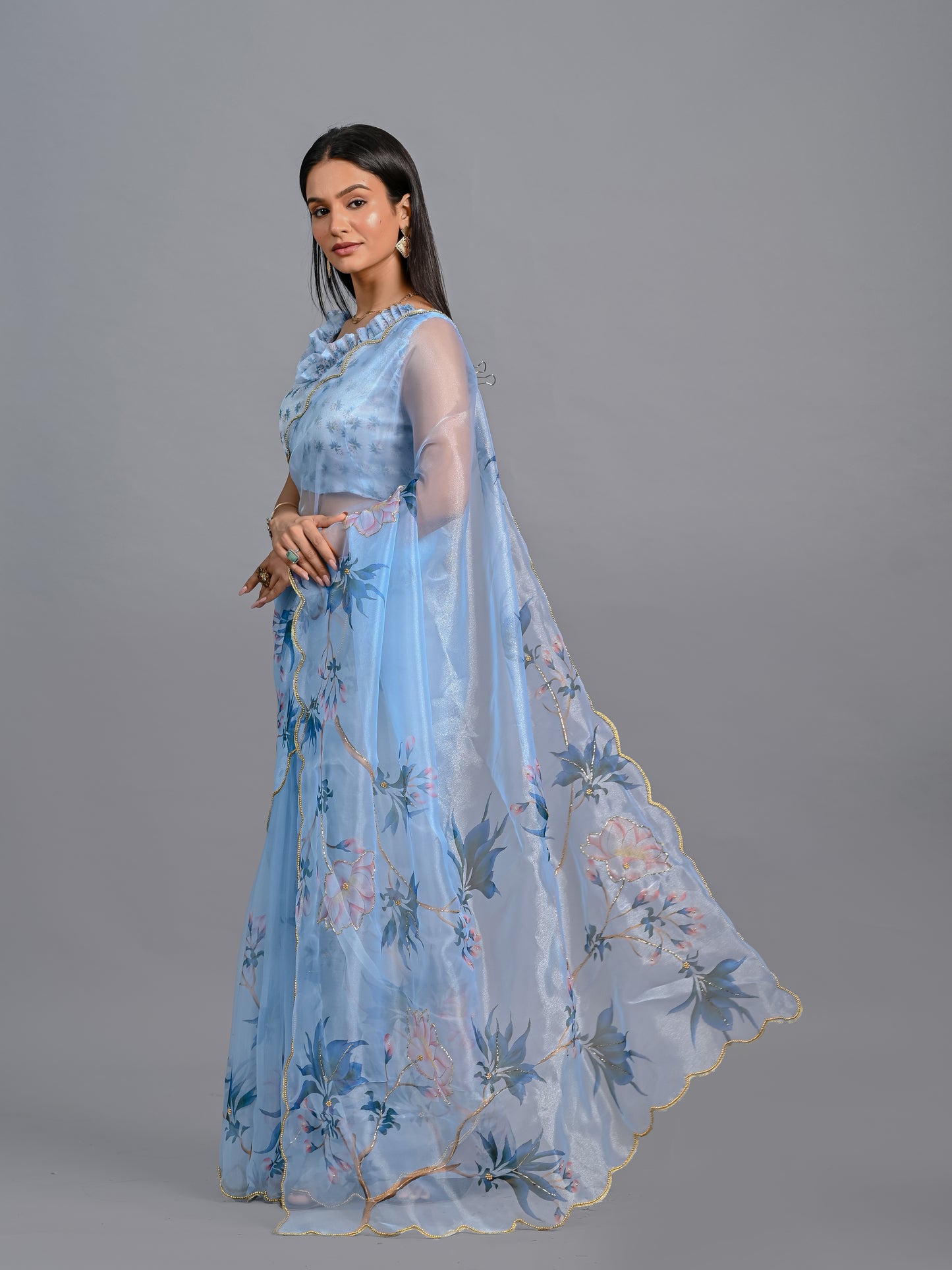 Floral Poly Organza Saree with Bead Work