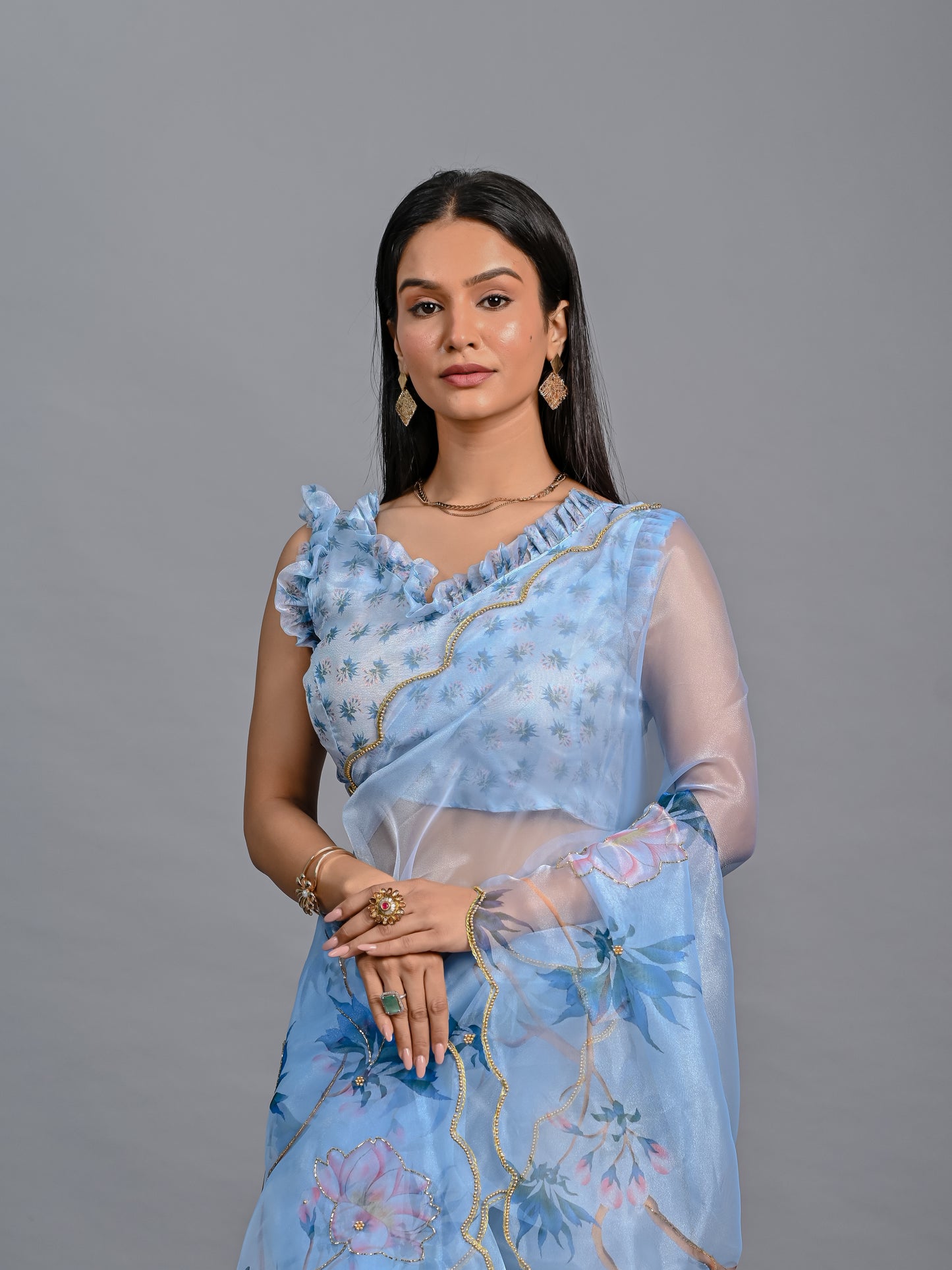 Floral Poly Organza Saree with Bead Work