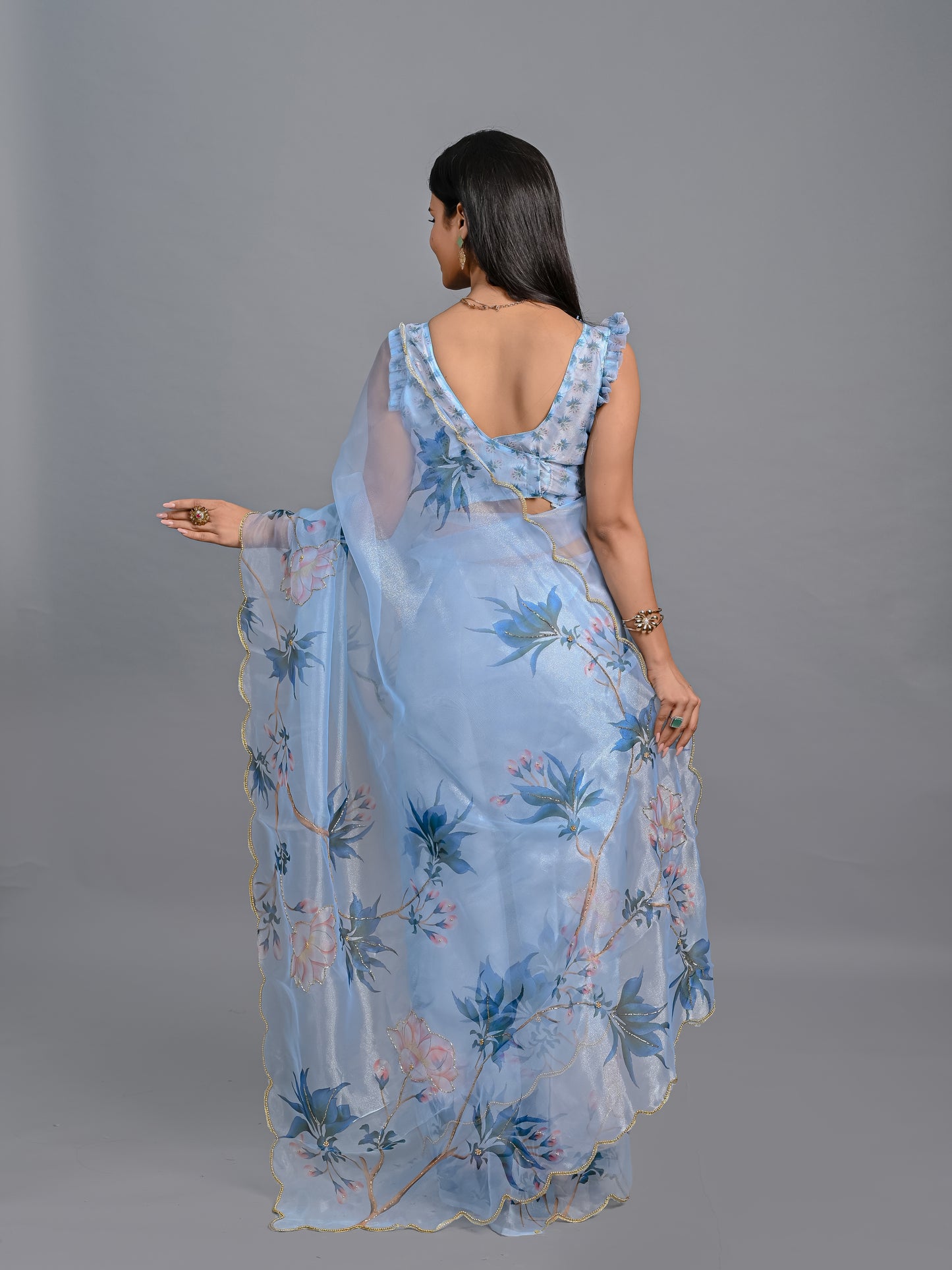 Floral Poly Organza Saree with Bead Work