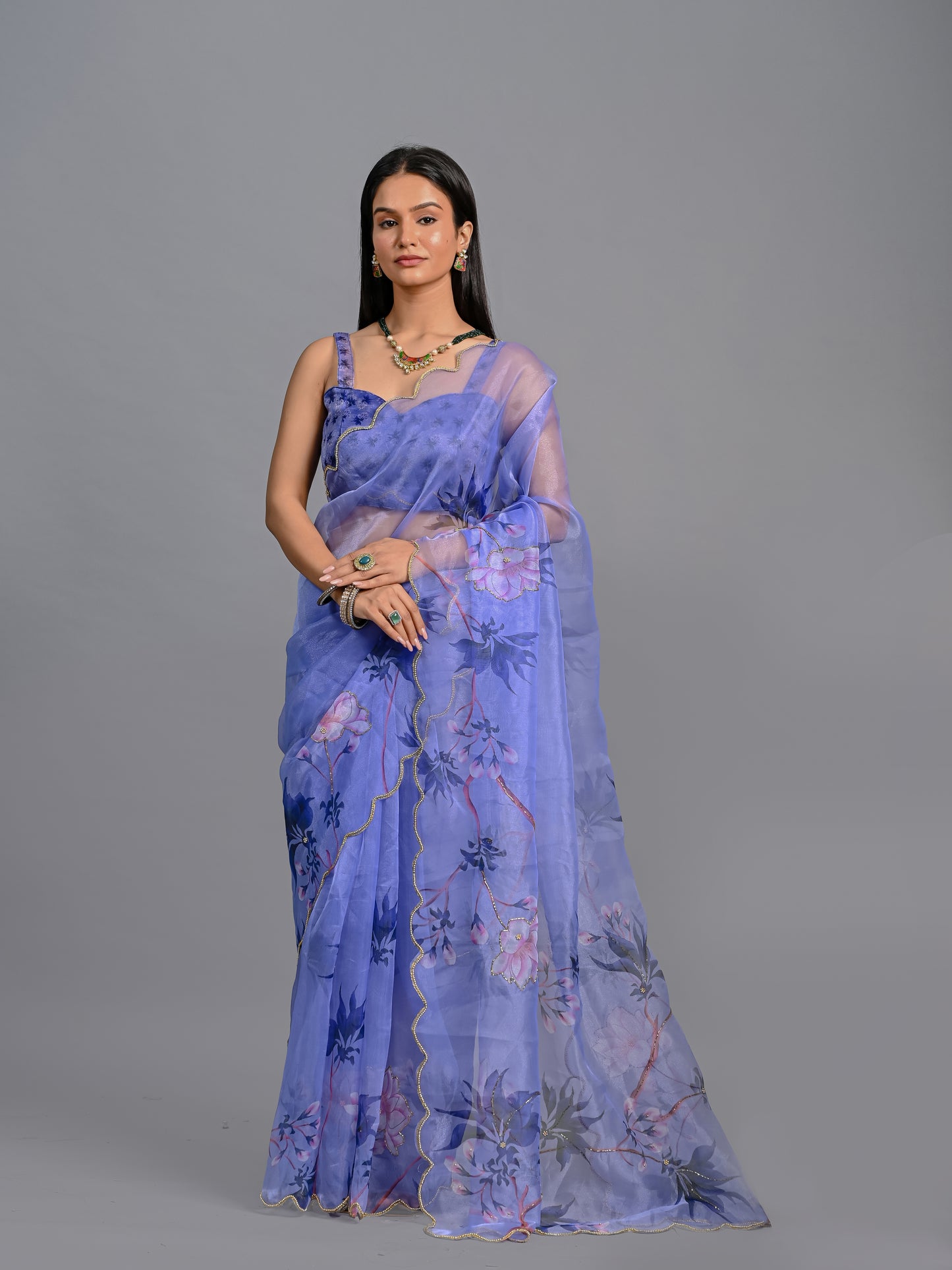 Floral Poly Organza Saree with Bead Work