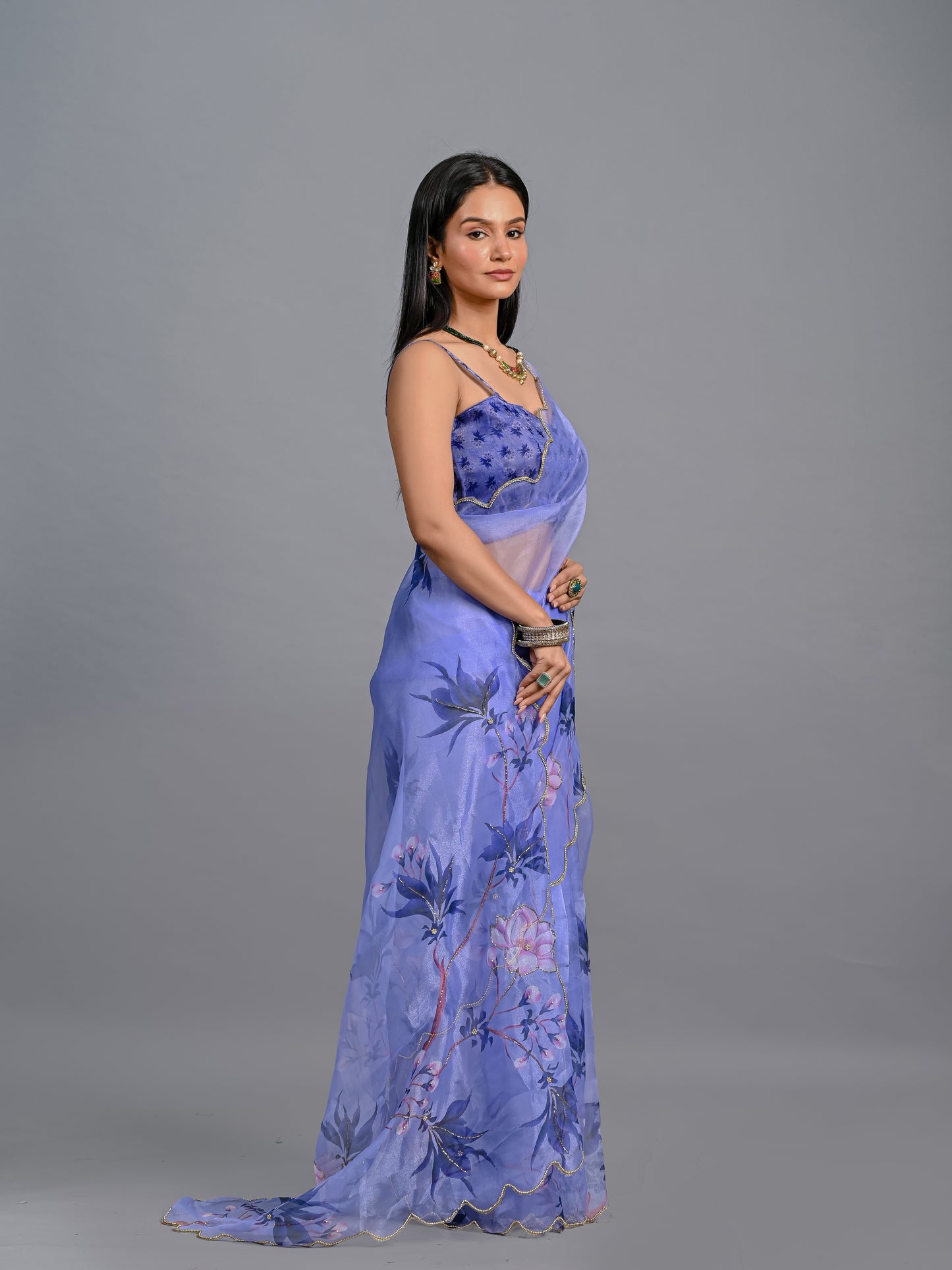 Floral Poly Organza Saree with Bead Work