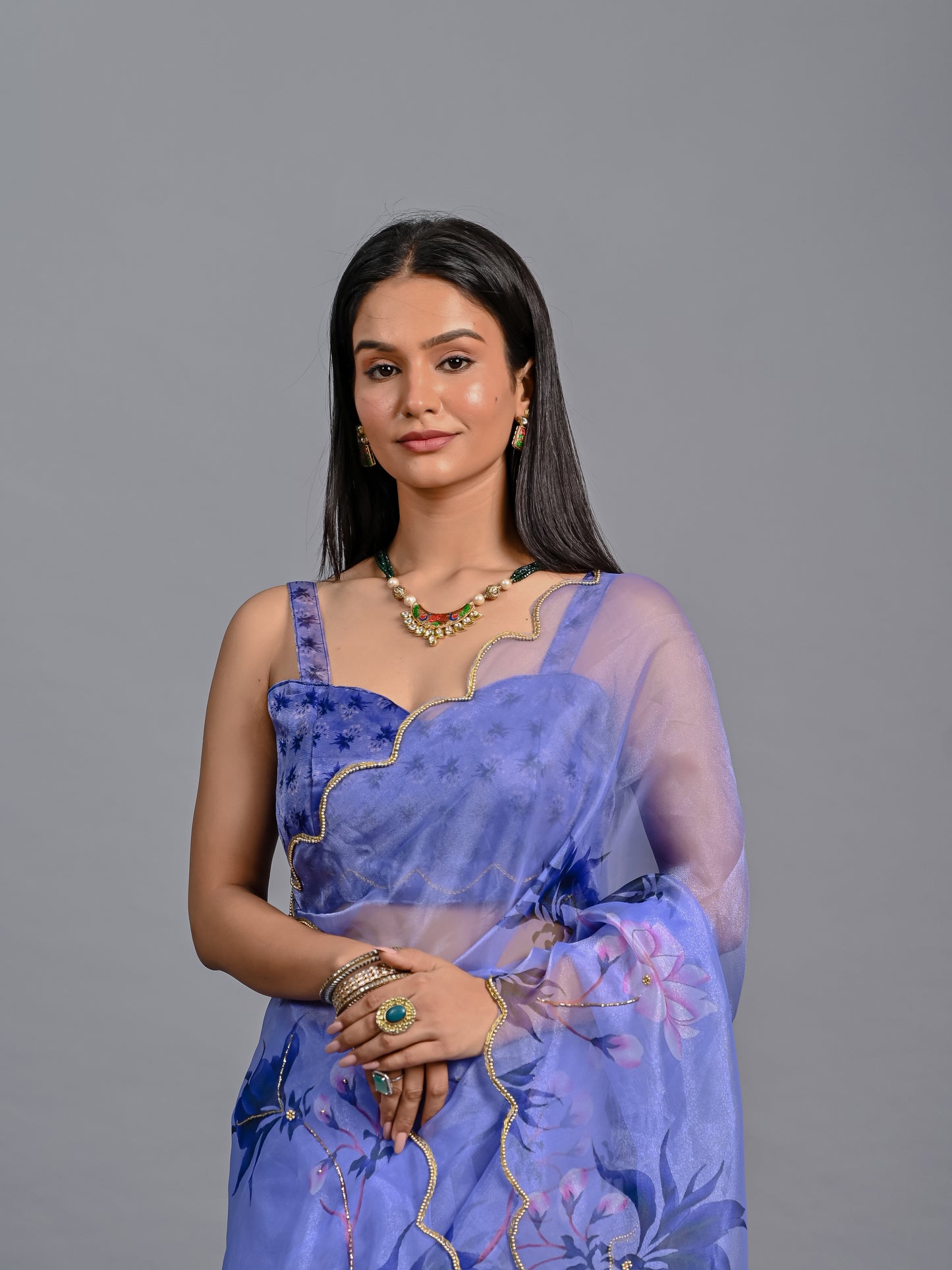 Floral Poly Organza Saree with Bead Work