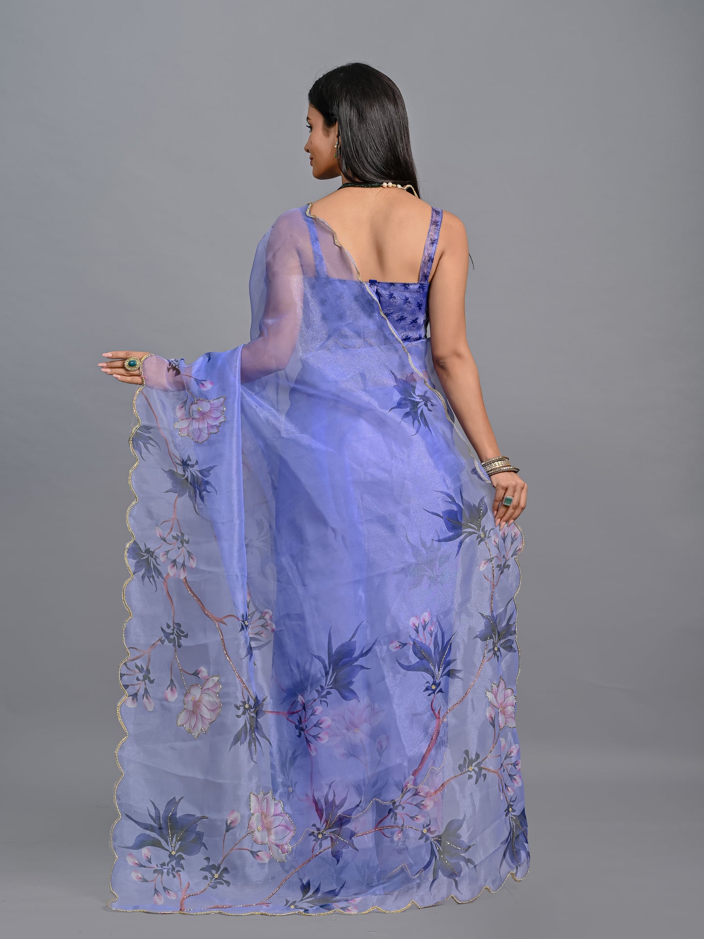 Floral Poly Organza Saree with Bead Work