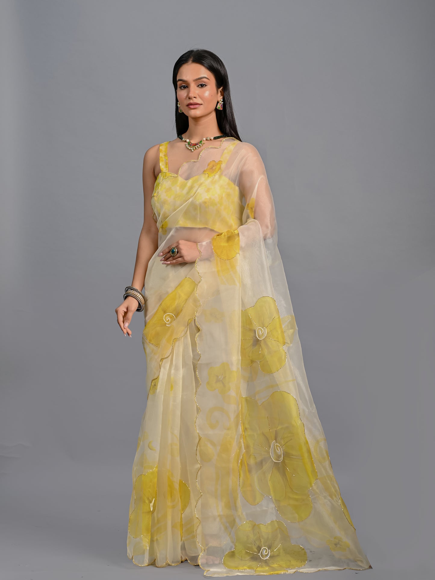 Sheer Poly Organza Saree with Hand-Painted Roses
