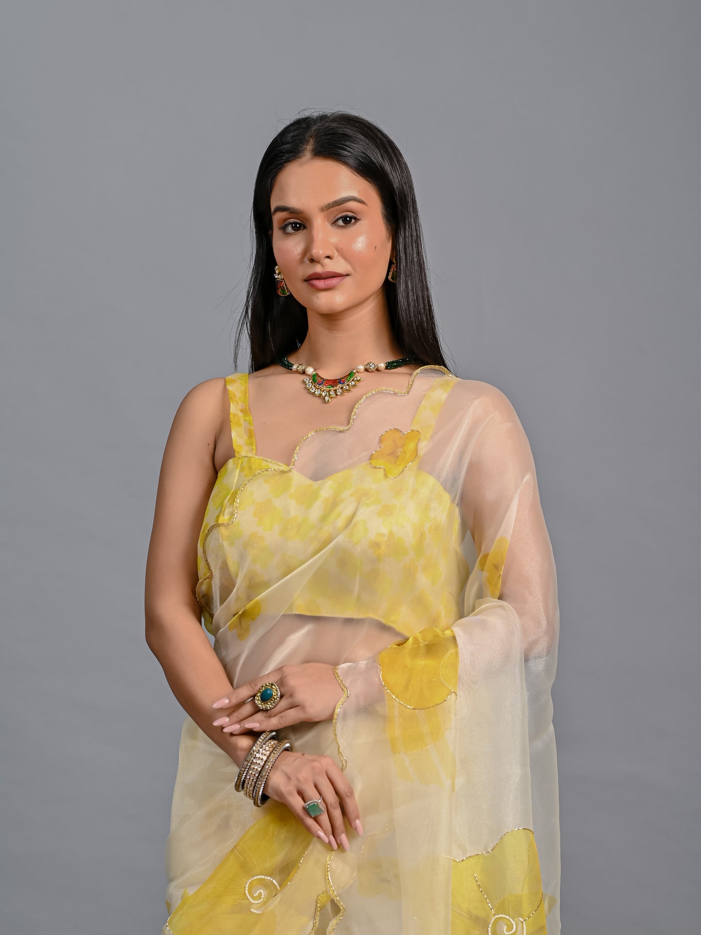 Sheer Poly Organza Saree with Hand-Painted Roses
