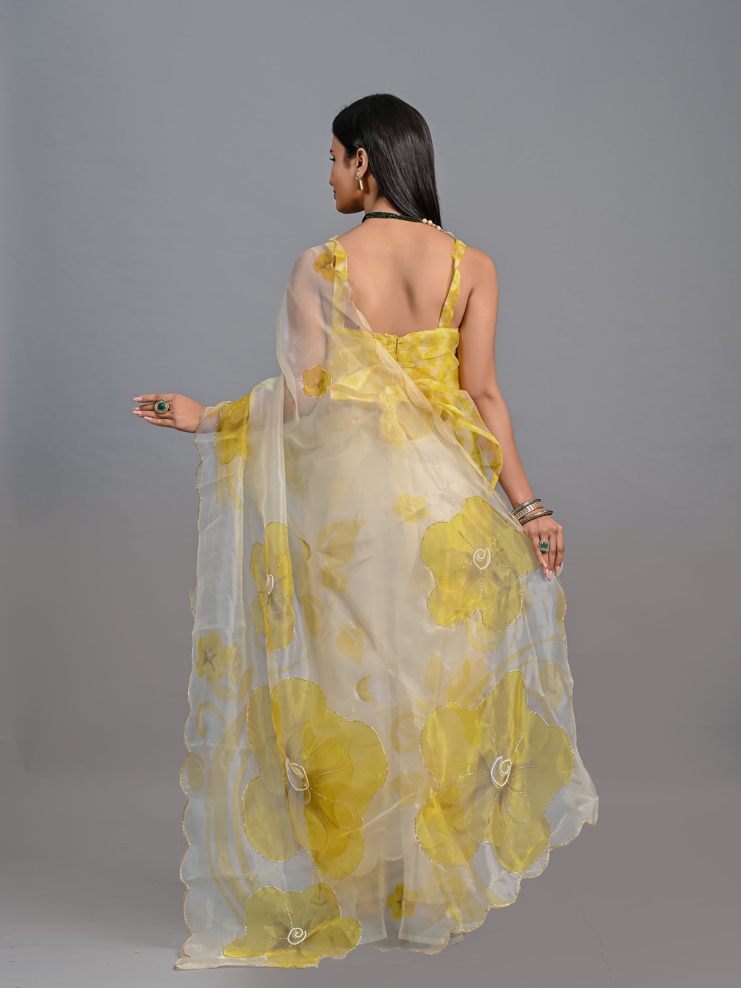 Sheer Poly Organza Saree with Hand-Painted Roses