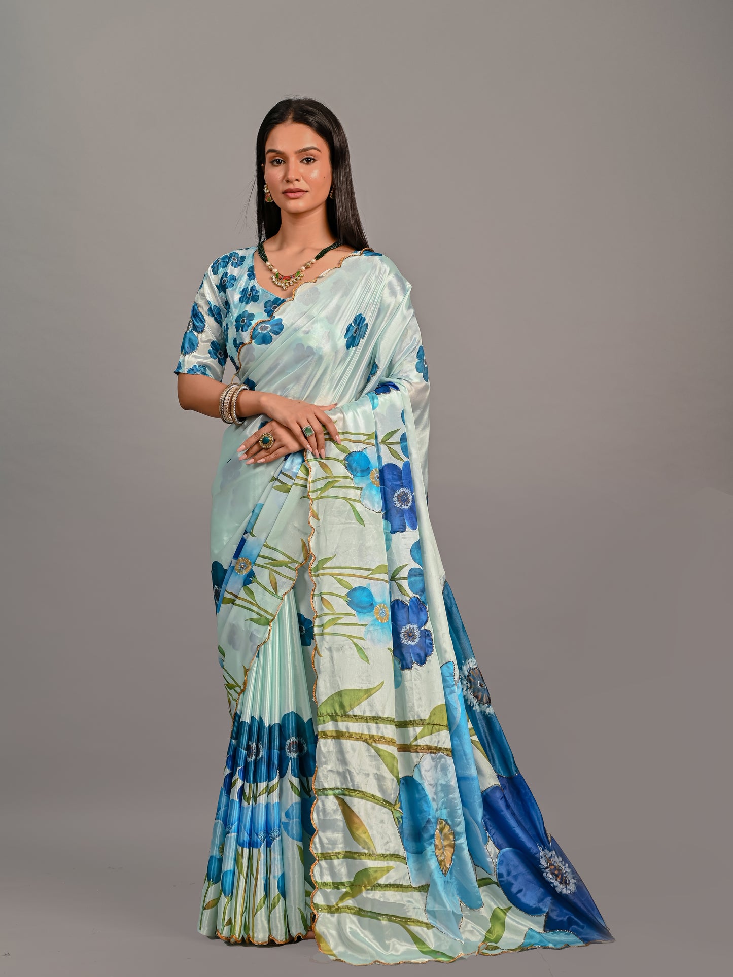 Elegant Blue Floral Printed Poli Chinon Saree