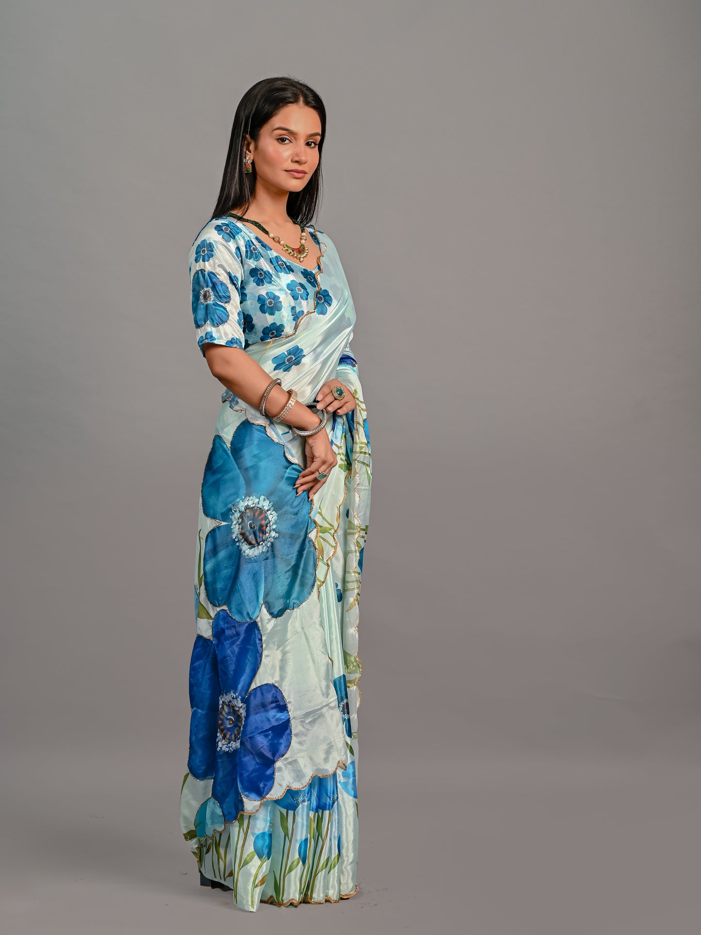Elegant Blue Floral Printed Poli Chinon Saree