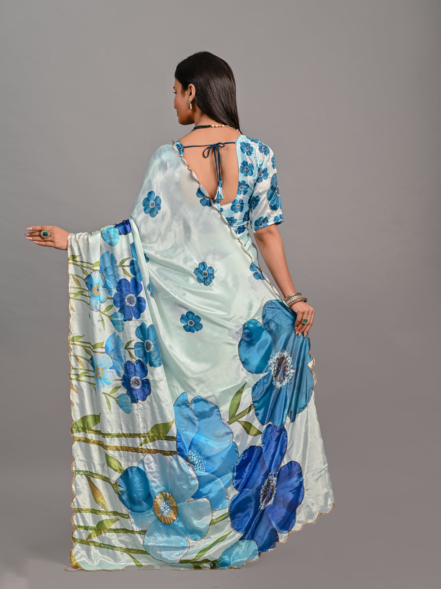Elegant Blue Floral Printed Poli Chinon Saree