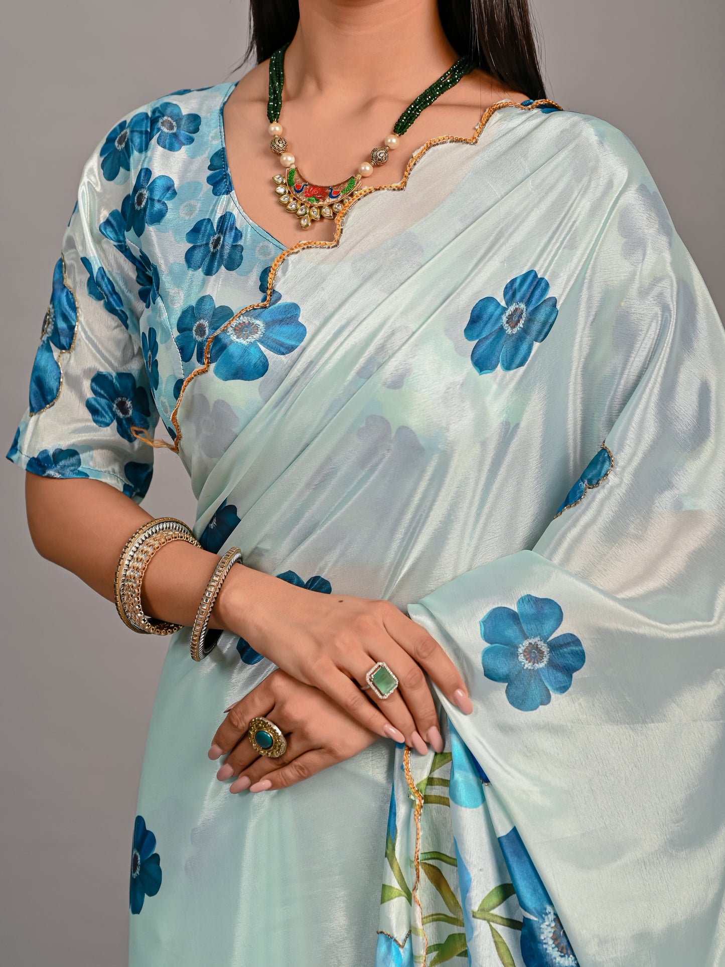 Elegant Blue Floral Printed Poli Chinon Saree