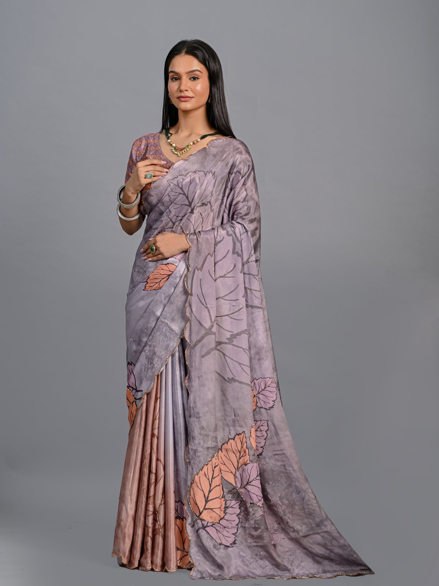 Elegant Grey Leaf Printed Designer Poli Chinon Saree with Blouse Piece