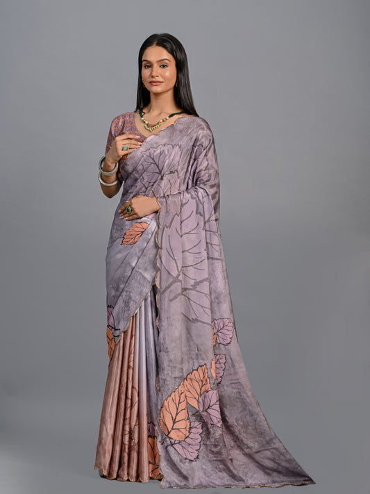 Elegant Grey Leaf Printed Designer Poli Chinon Saree with Blouse Piece