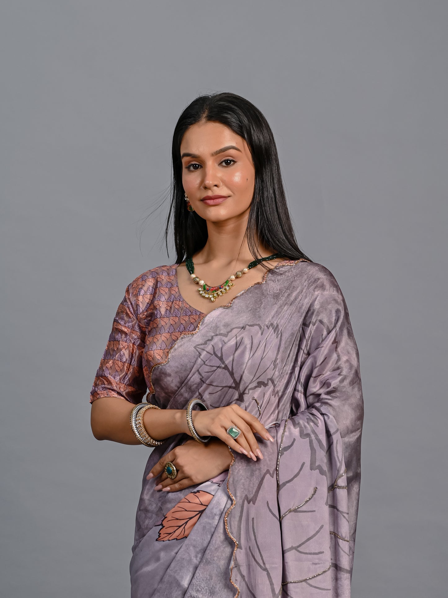 Elegant Grey Leaf Printed Designer Poli Chinon Saree with Blouse Piece