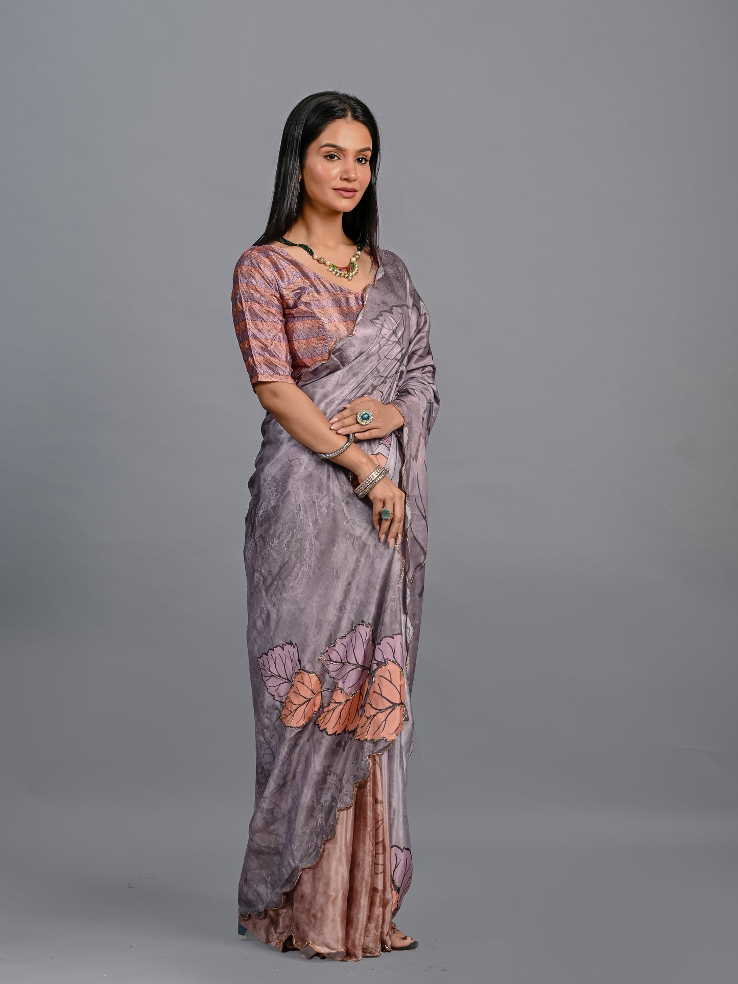 Elegant Grey Leaf Printed Designer Poli Chinon Saree with Blouse Piece