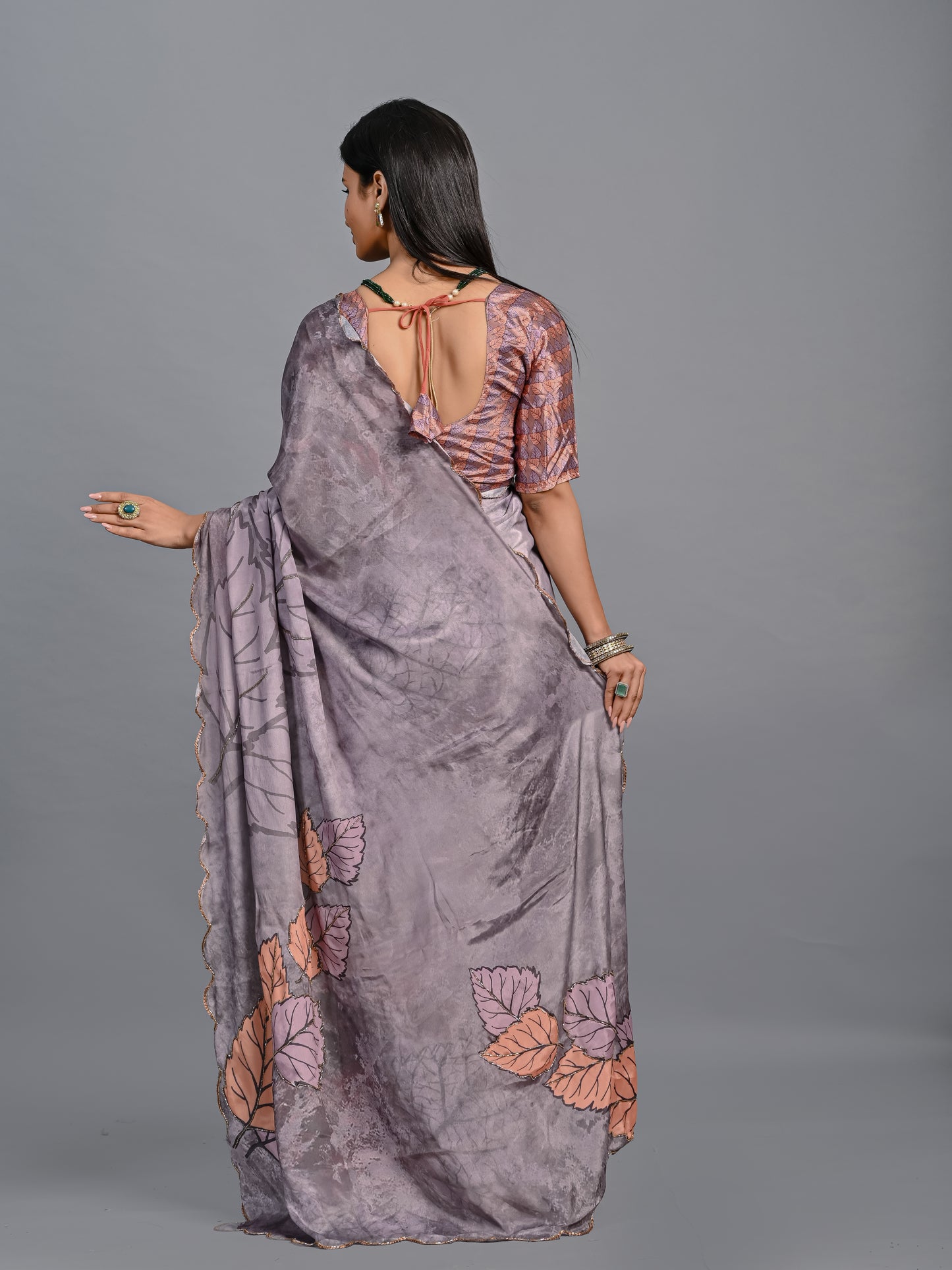 Elegant Grey Leaf Printed Designer Poli Chinon Saree with Blouse Piece