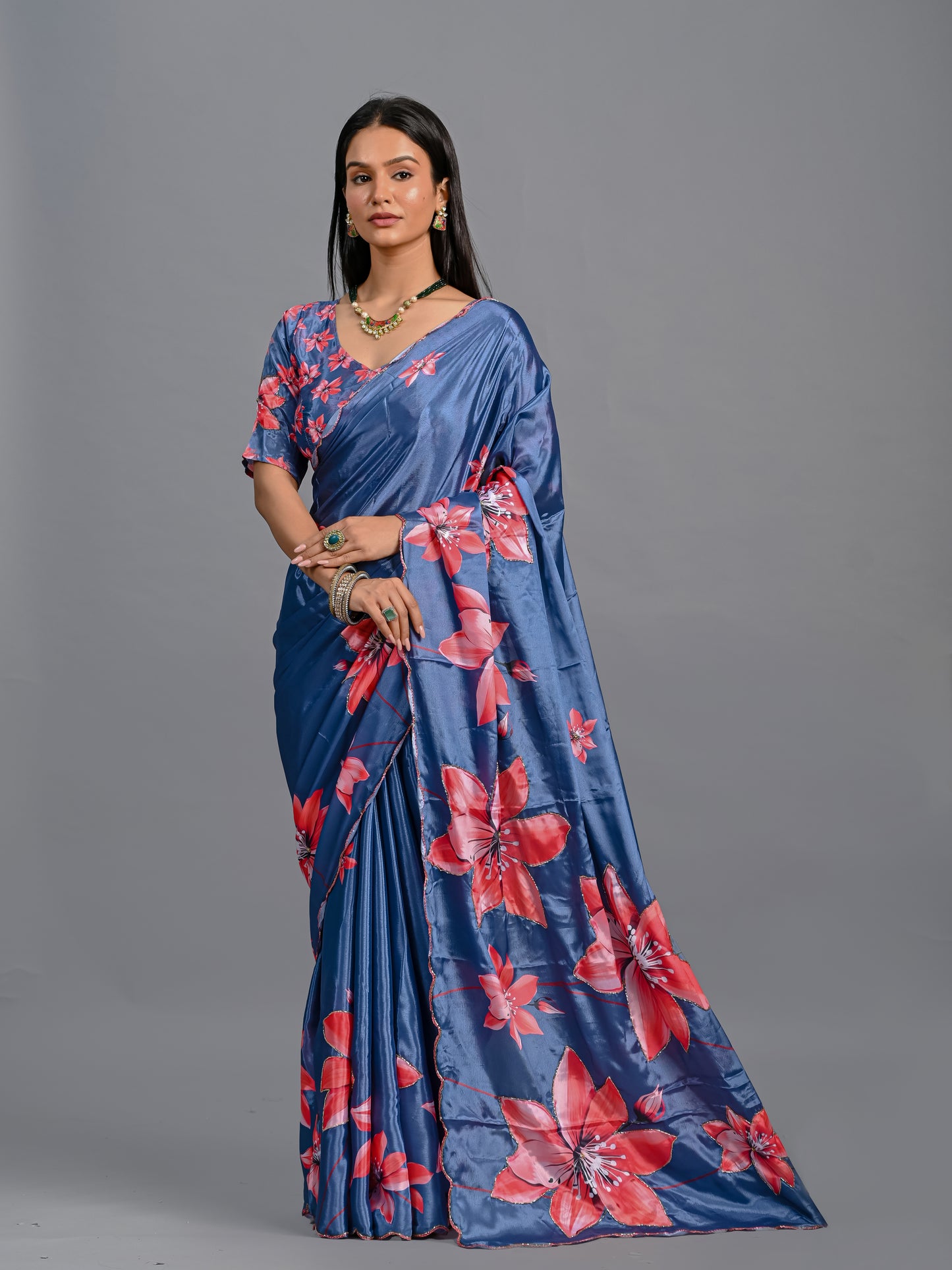 Elegant Bloom Floral Poli Chinon Saree