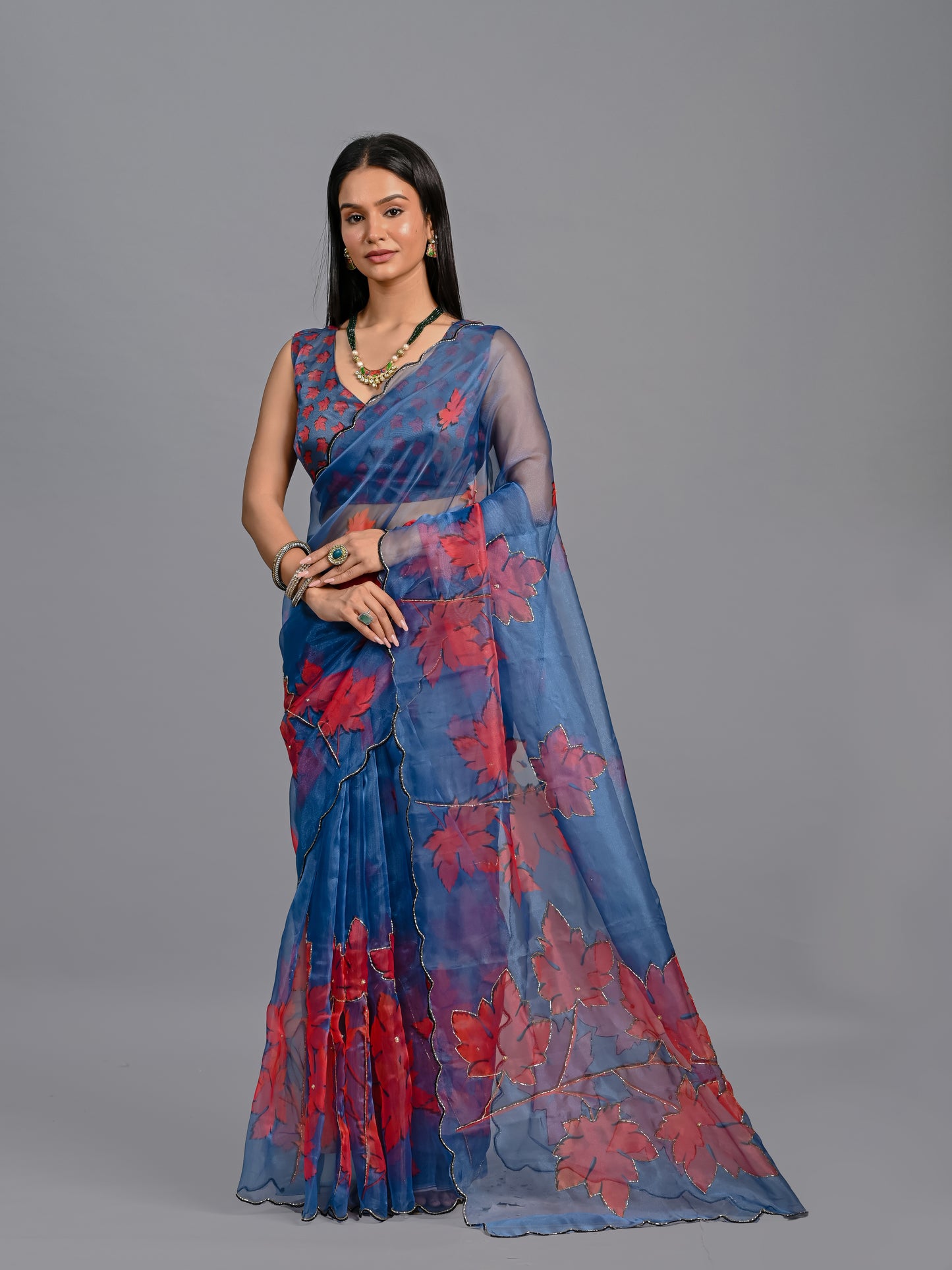 Royal Blue Maple Bloom Poly Organza Saree