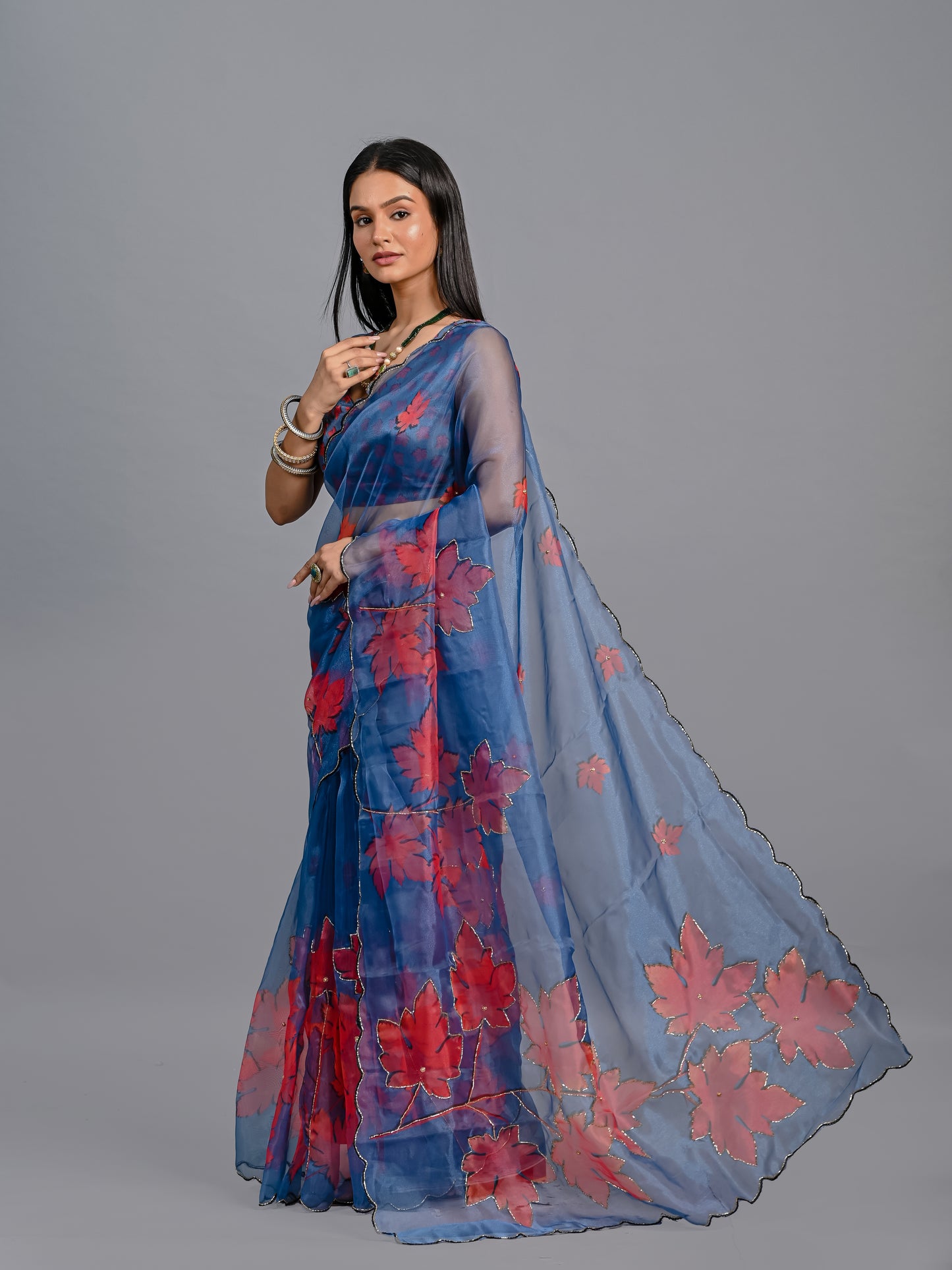 Royal Blue Maple Bloom Poly Organza Saree