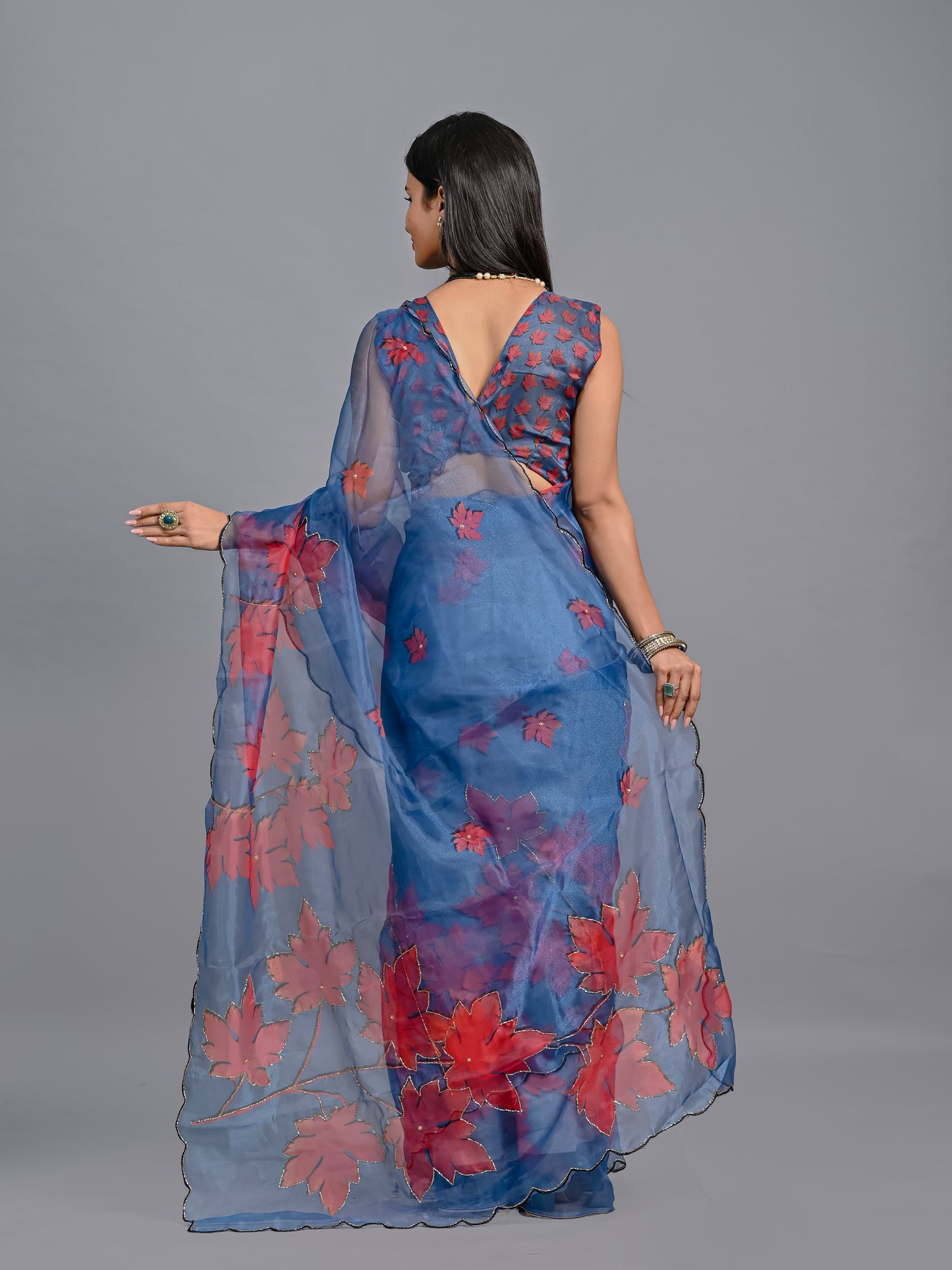 Royal Blue Maple Bloom Poly Organza Saree