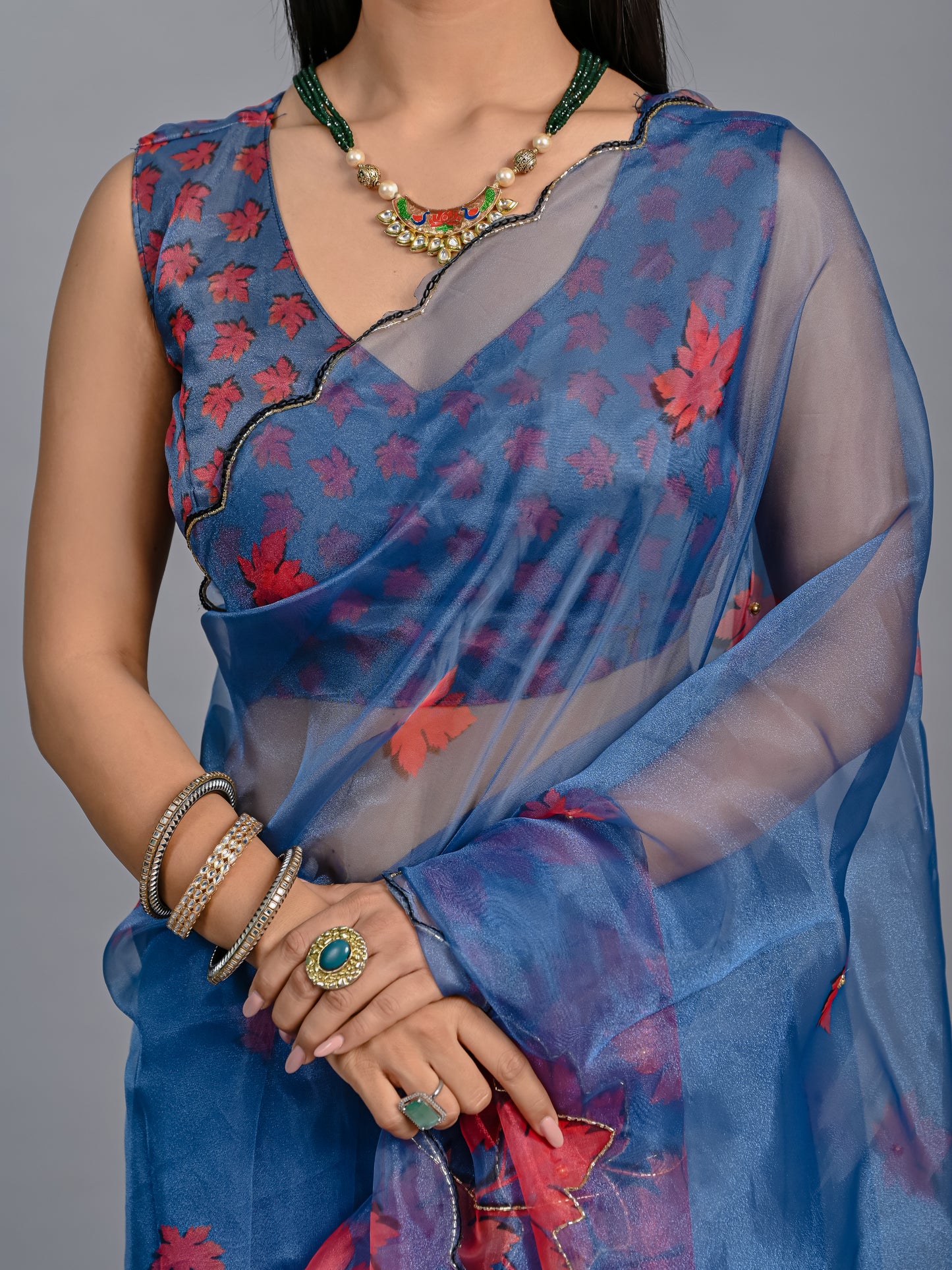 Royal Blue Maple Bloom Poly Organza Saree