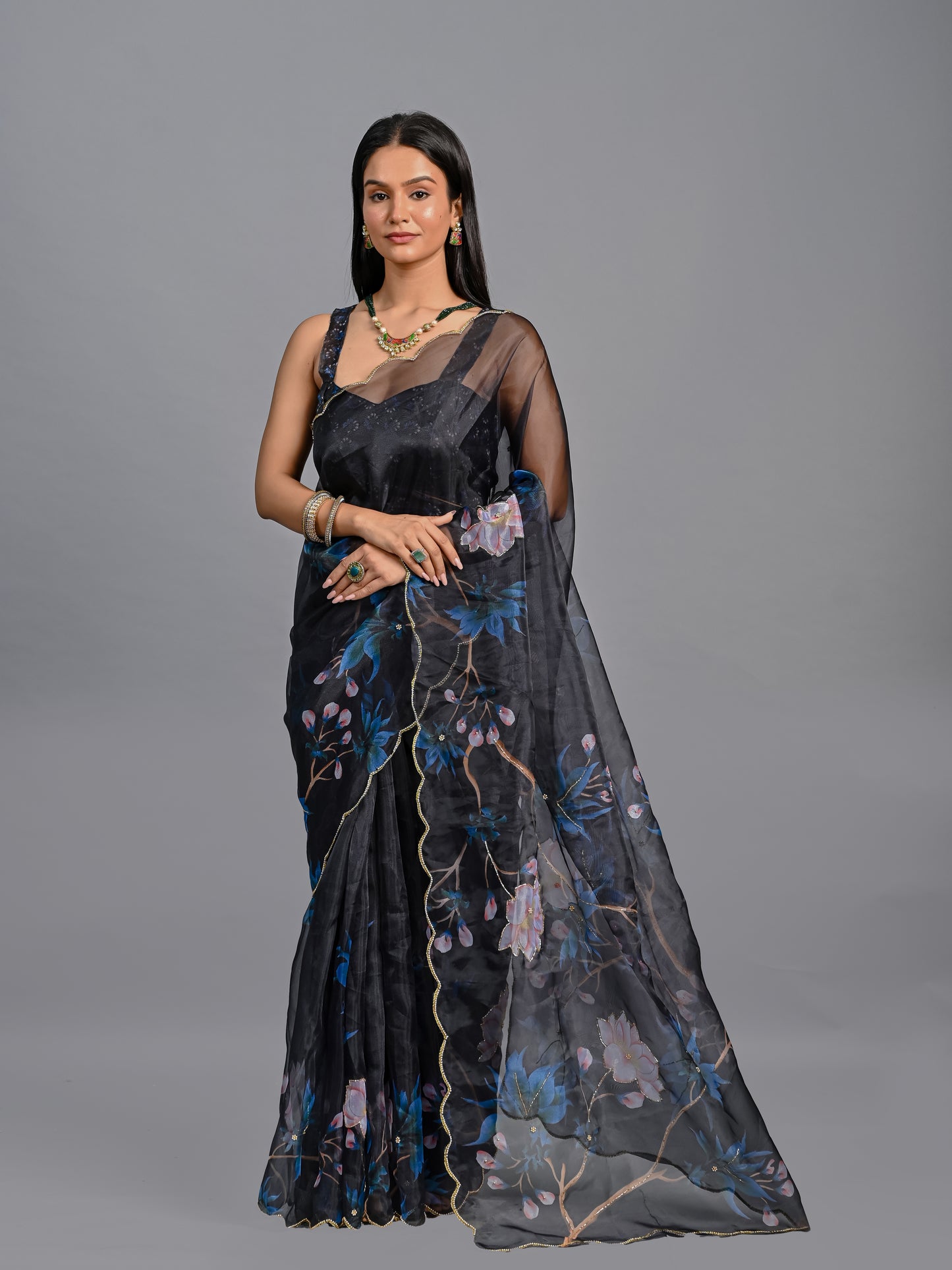 Floral Poly Organza Saree with Bead Work