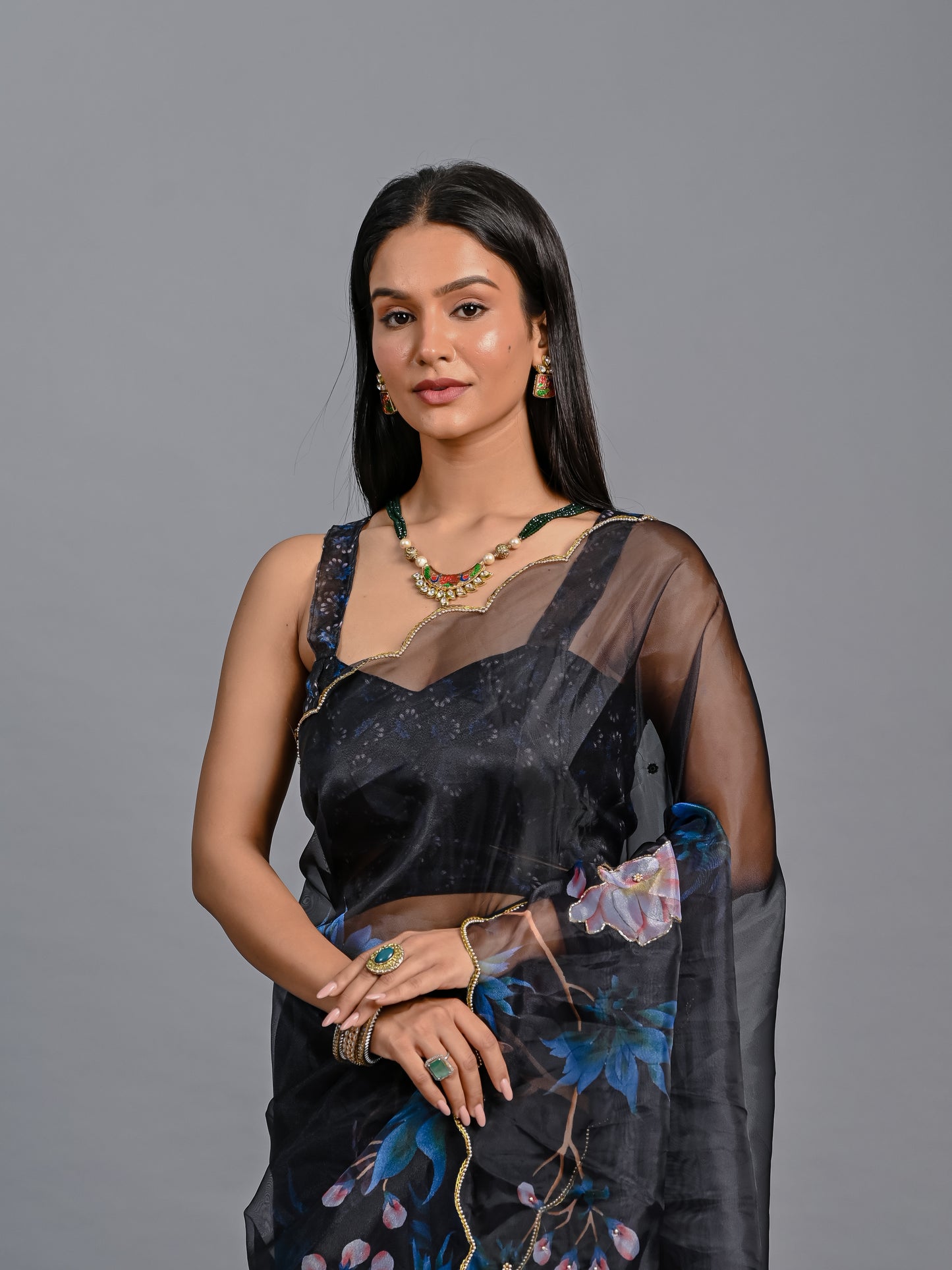 Floral Poly Organza Saree with Bead Work