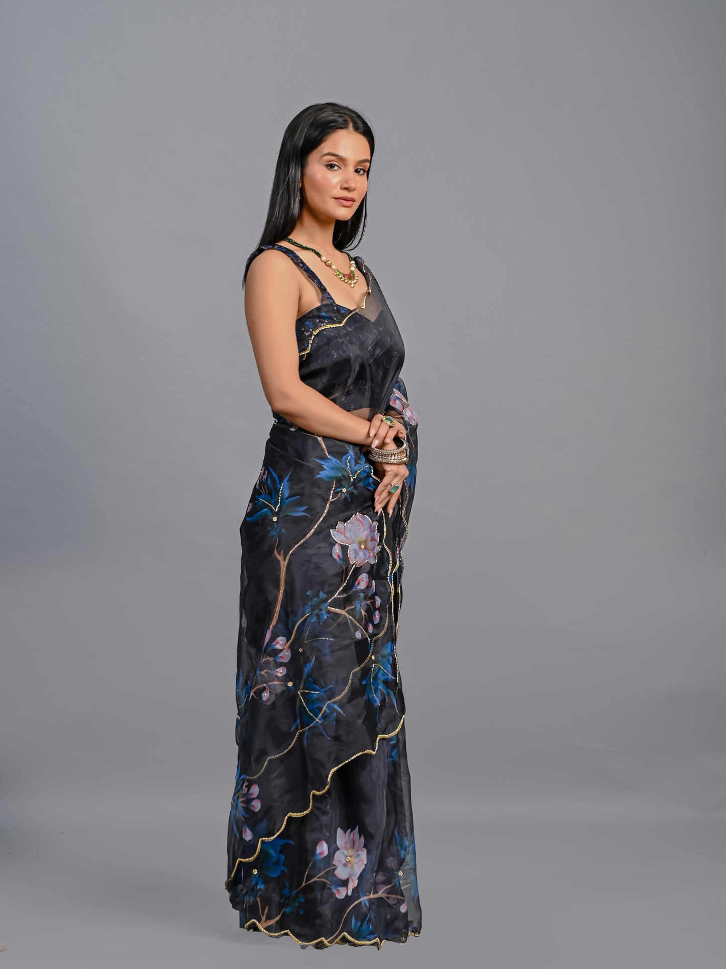 Floral Poly Organza Saree with Bead Work