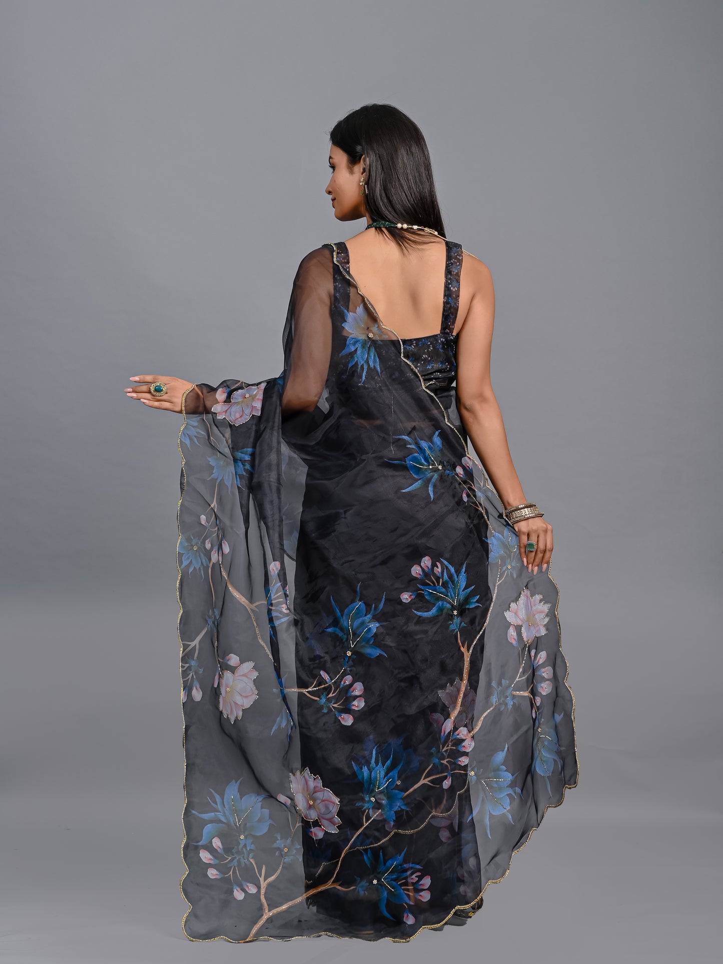 Floral Poly Organza Saree with Bead Work