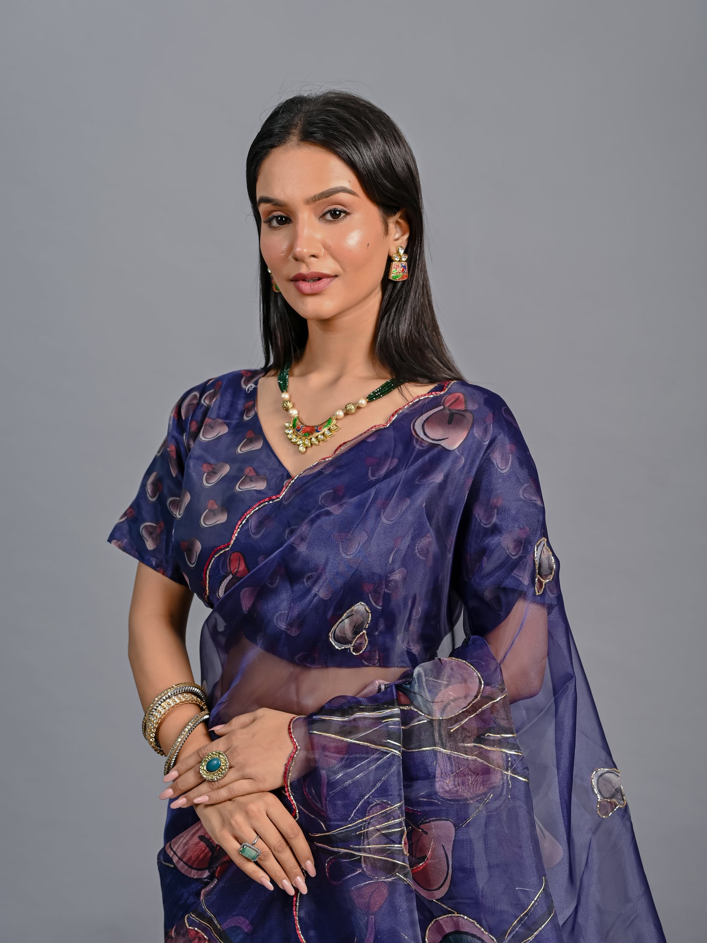 Midnight Bloom Hand-Painted Poly Organza Saree